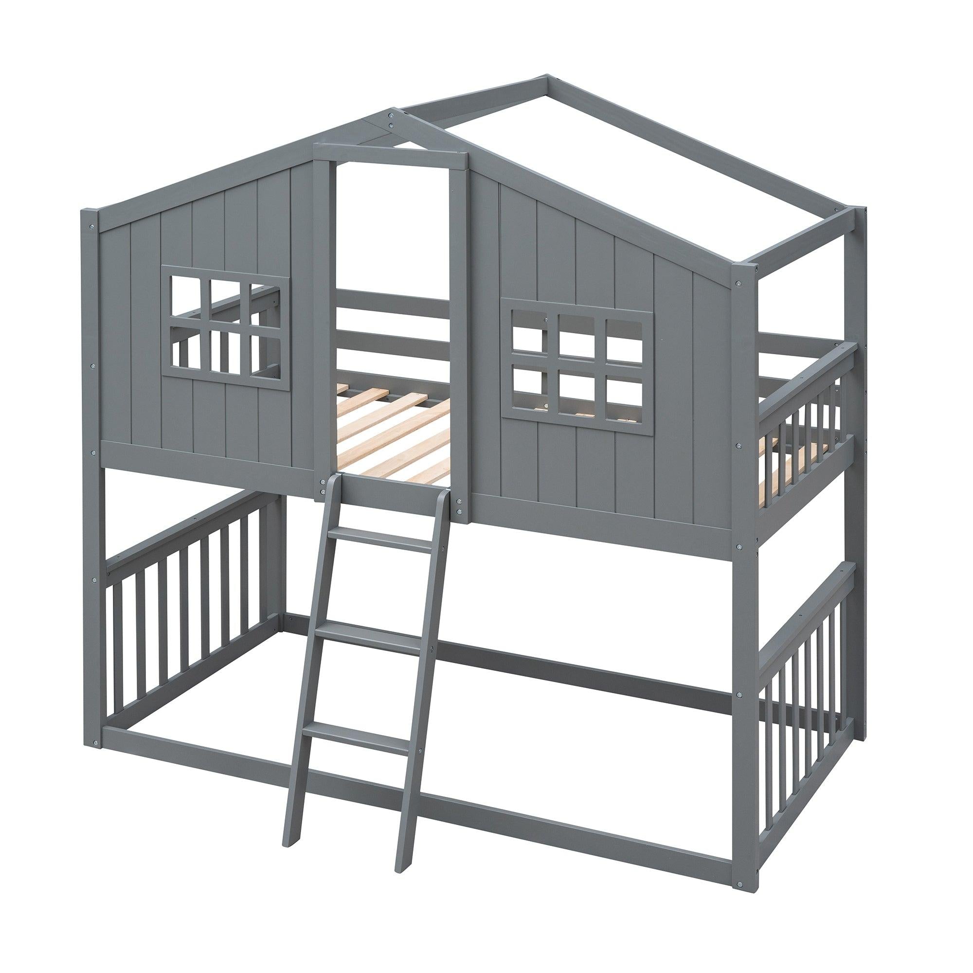 Twin Over Twin House Shaped Bunk Bed With Ladder - Gray