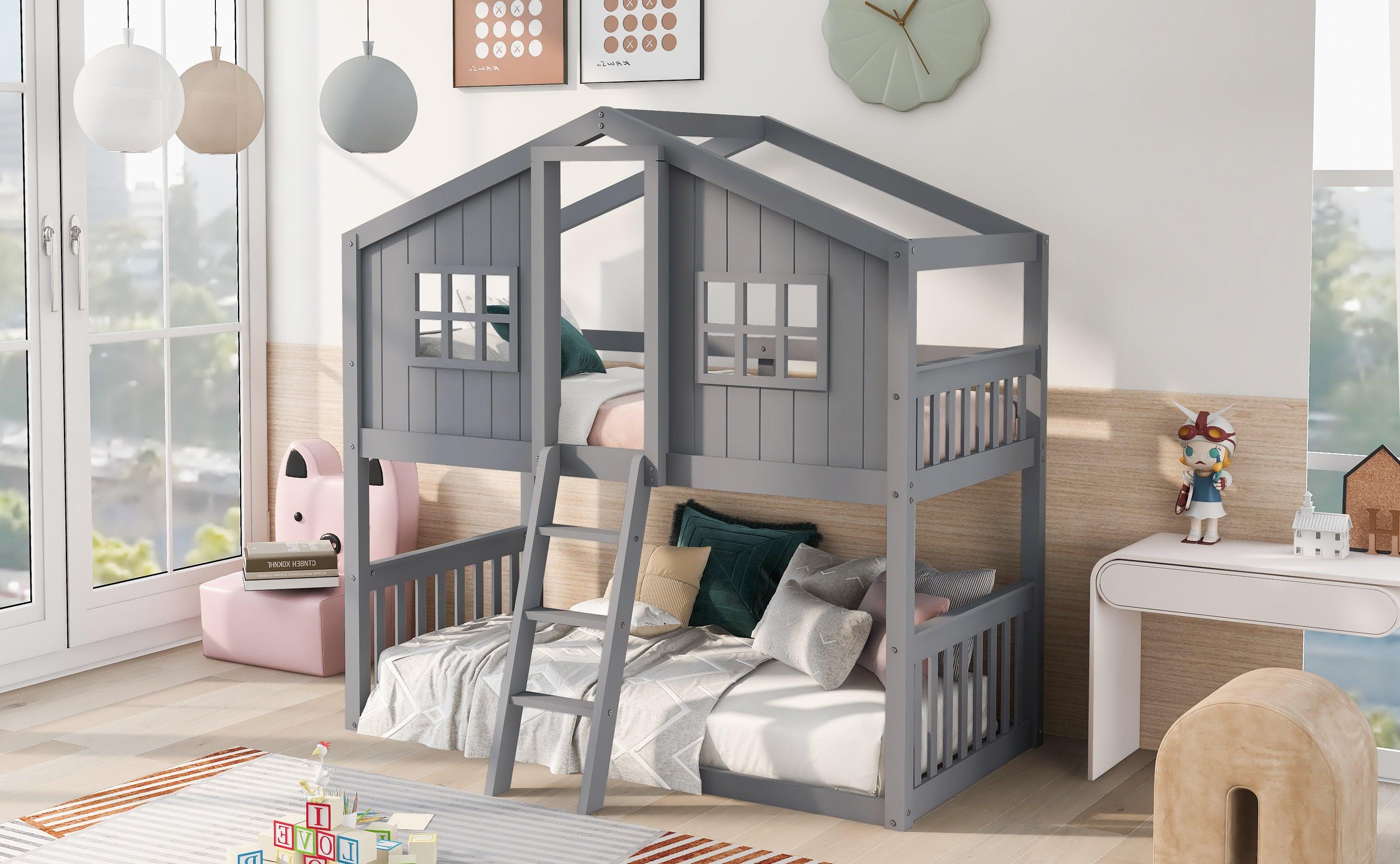 Twin Over Twin House Shaped Bunk Bed With Ladder - Gray