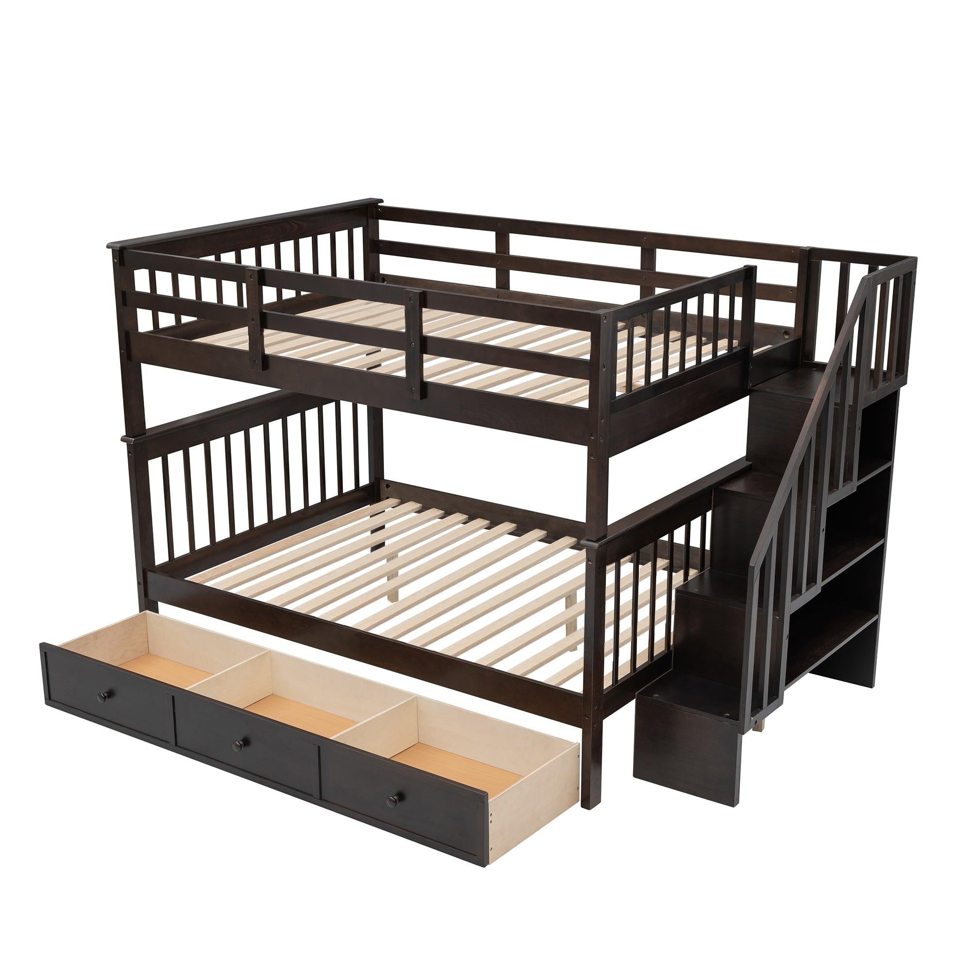 Full over Full Bunk Bed with Drawer,Storage Staircase and Guard Rail - Espresso