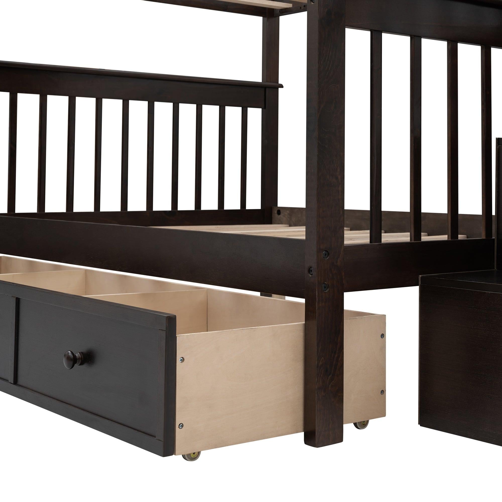 Full over Full Bunk Bed with Drawer,Storage Staircase and Guard Rail - Espresso