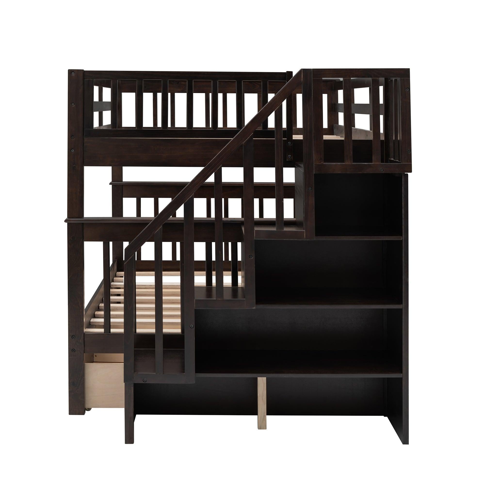 Full over Full Bunk Bed with Drawer,Storage Staircase and Guard Rail - Espresso