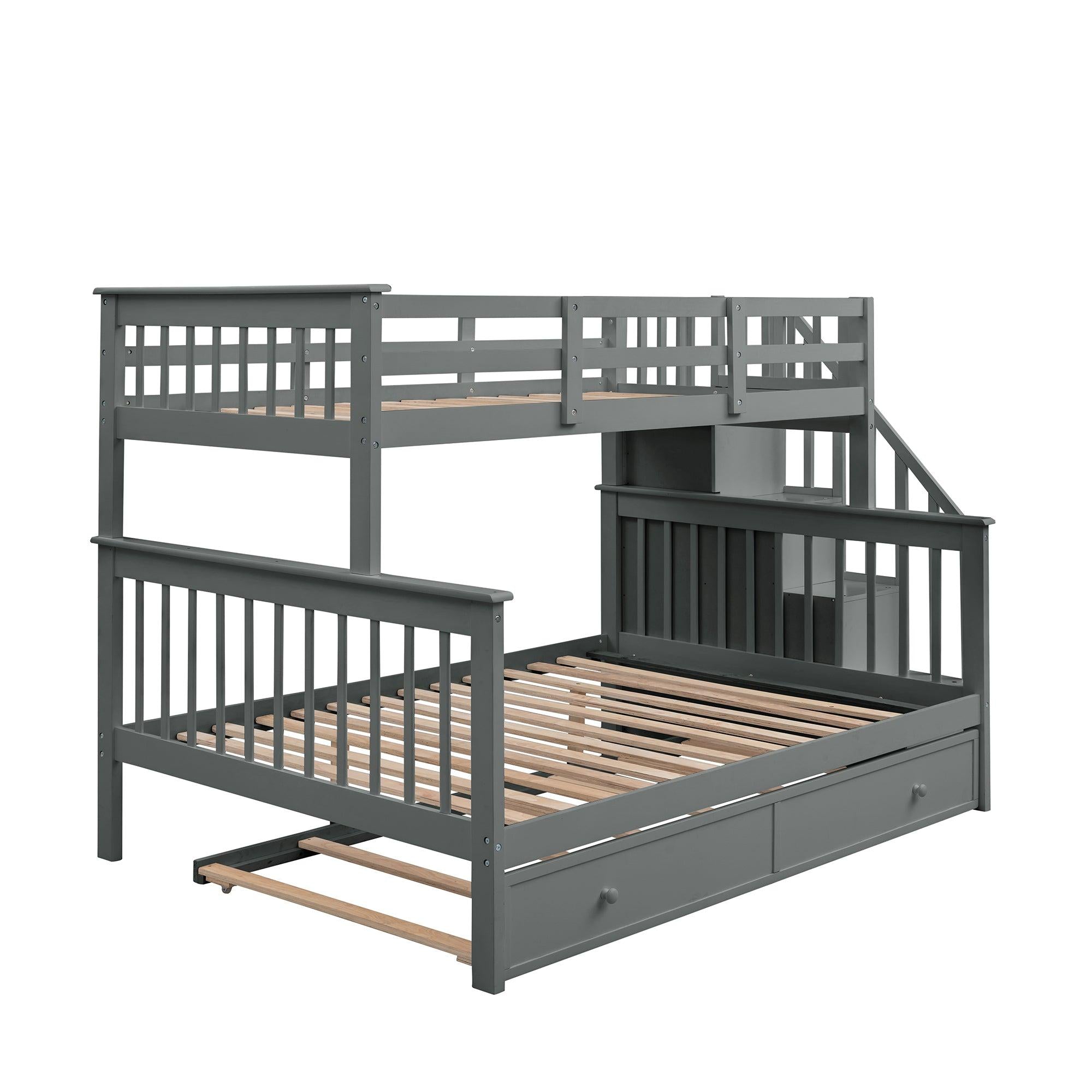 Twin over Full Bunk Bed with Twin size Trundle,Storage Staircase and Guard Rail - Gray