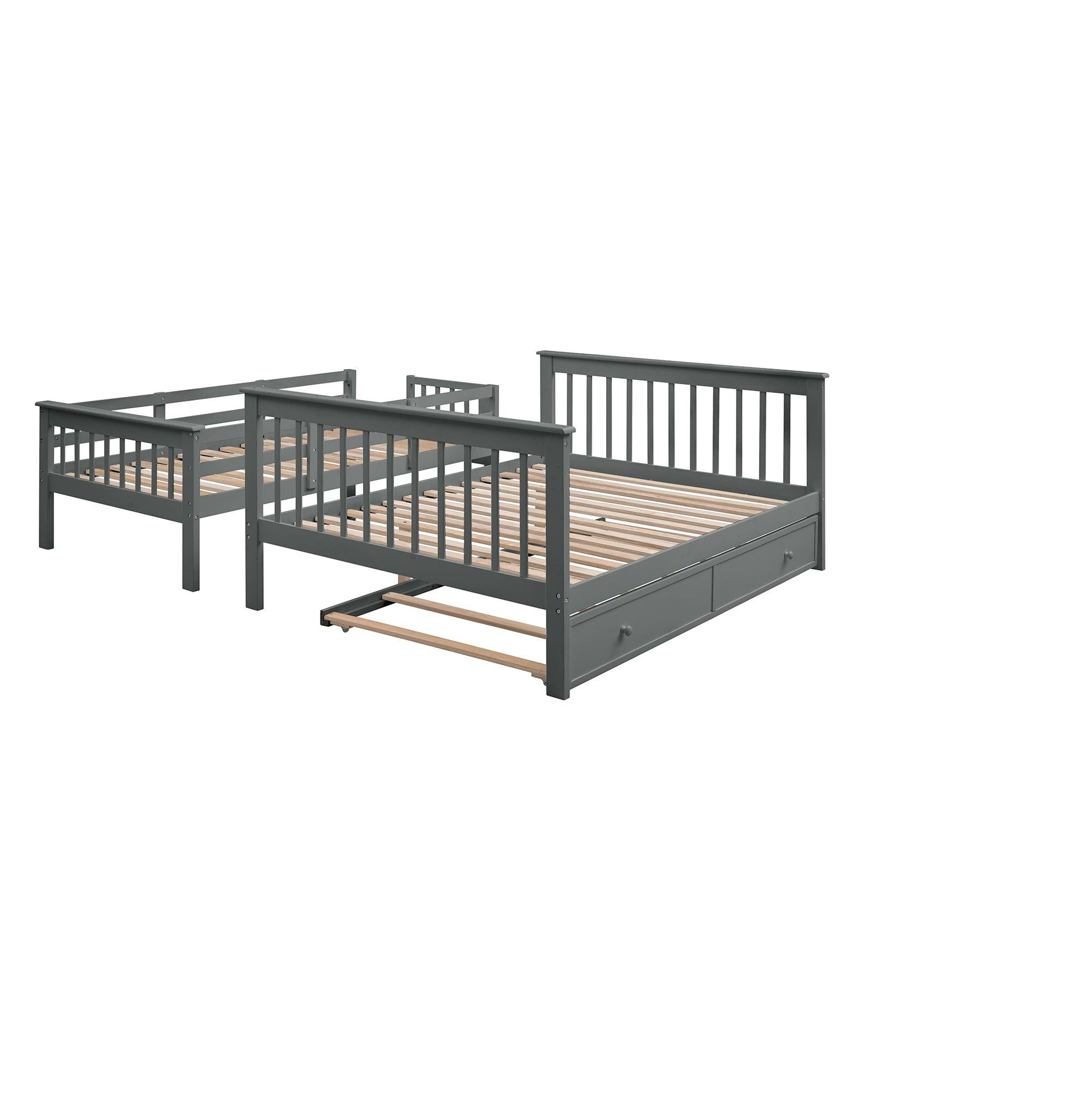 Twin over Full Bunk Bed with Twin size Trundle,Storage Staircase and Guard Rail - Gray