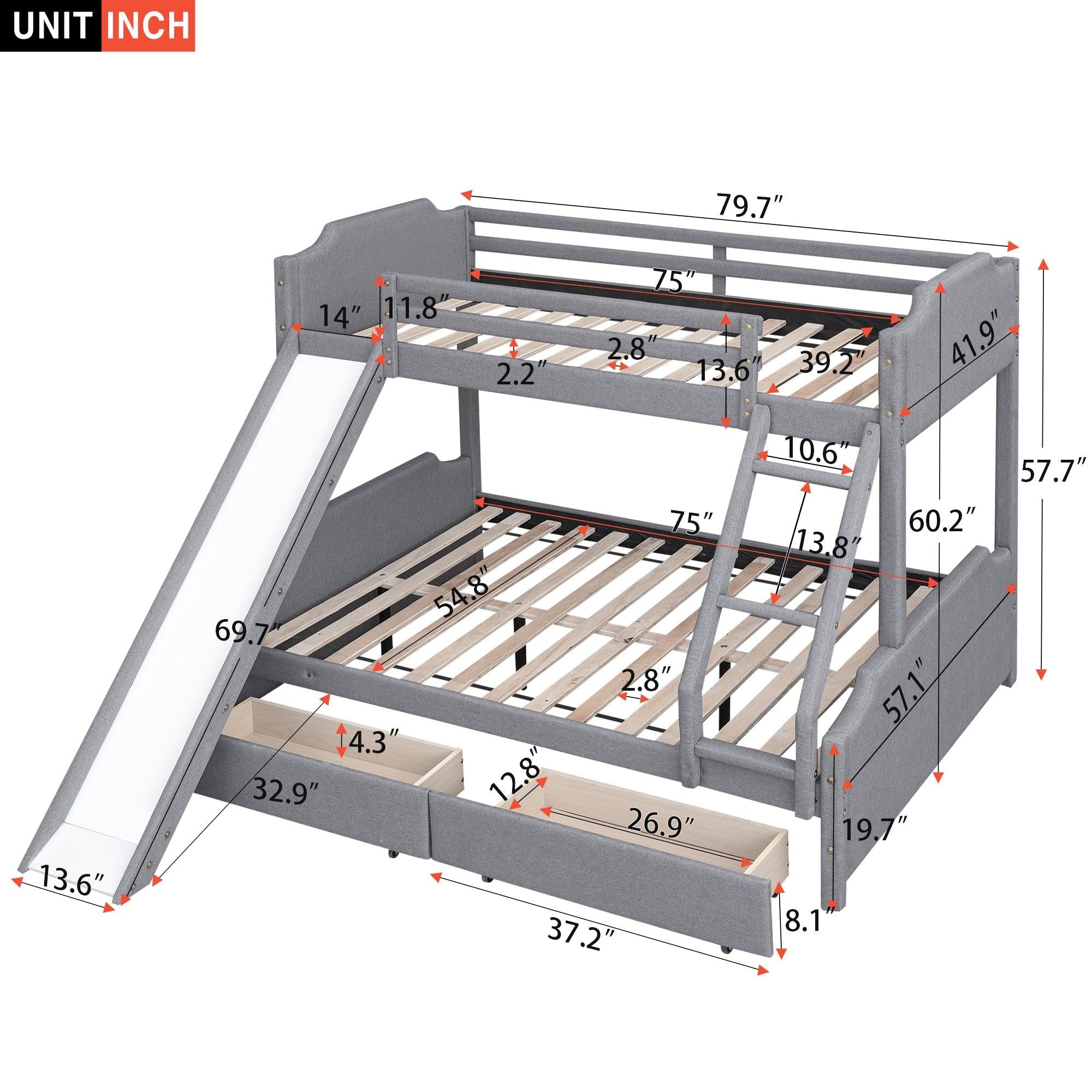 Twin over Full Bunk Bed with Two Drawers, Slide, Headboard and Footboard - Grey