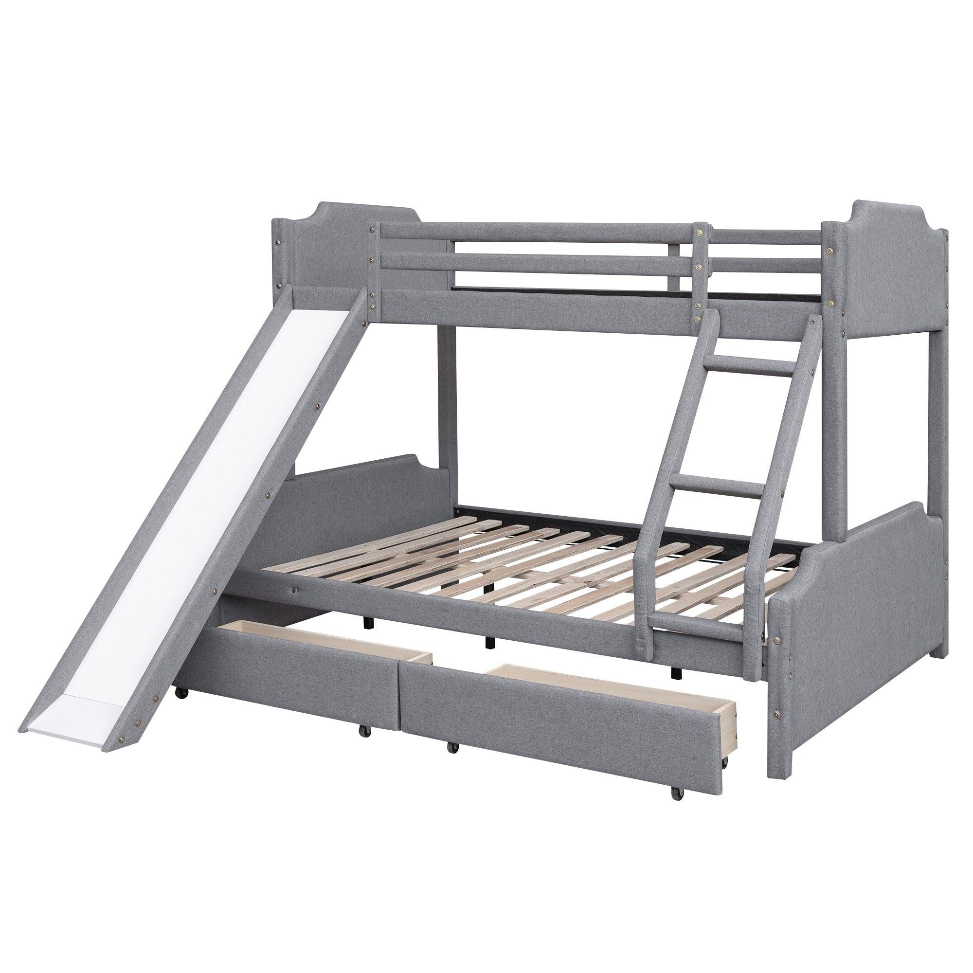 Twin over Full Bunk Bed with Two Drawers, Slide, Headboard and Footboard - Grey