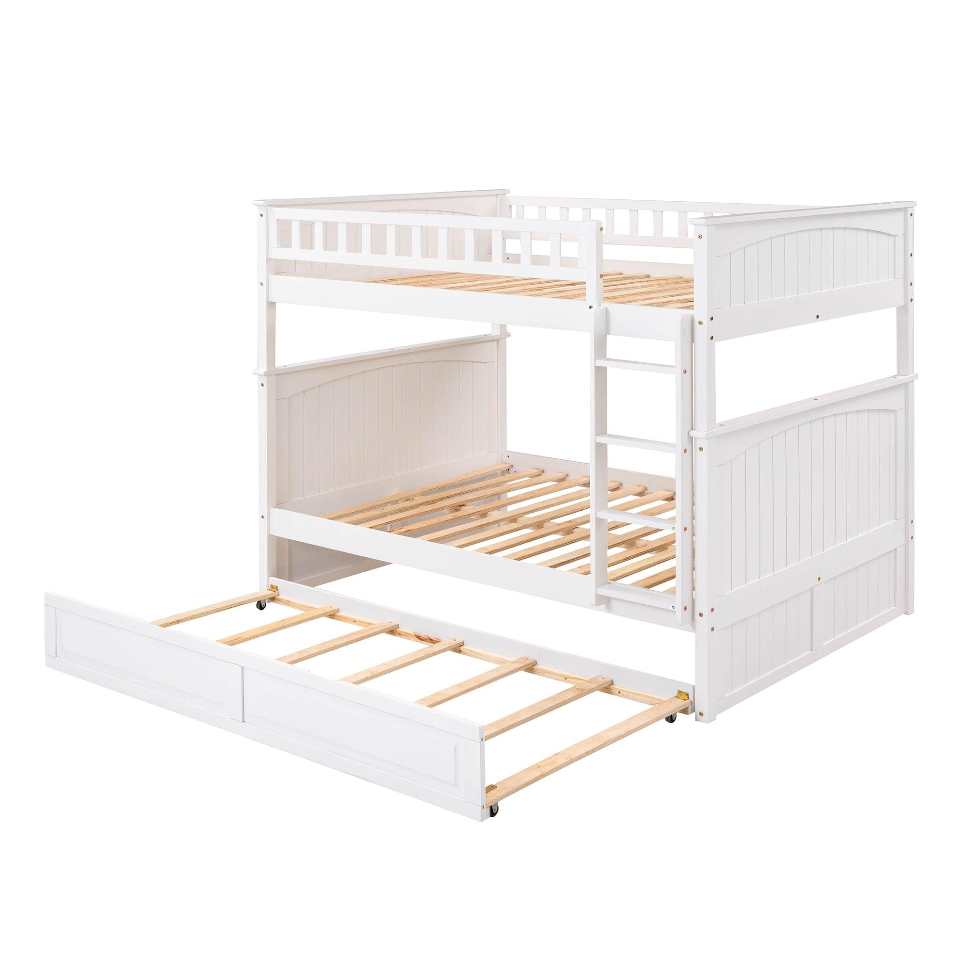 Full over Full Bunk Bed with Twin Size Trundle and Guardrails - White