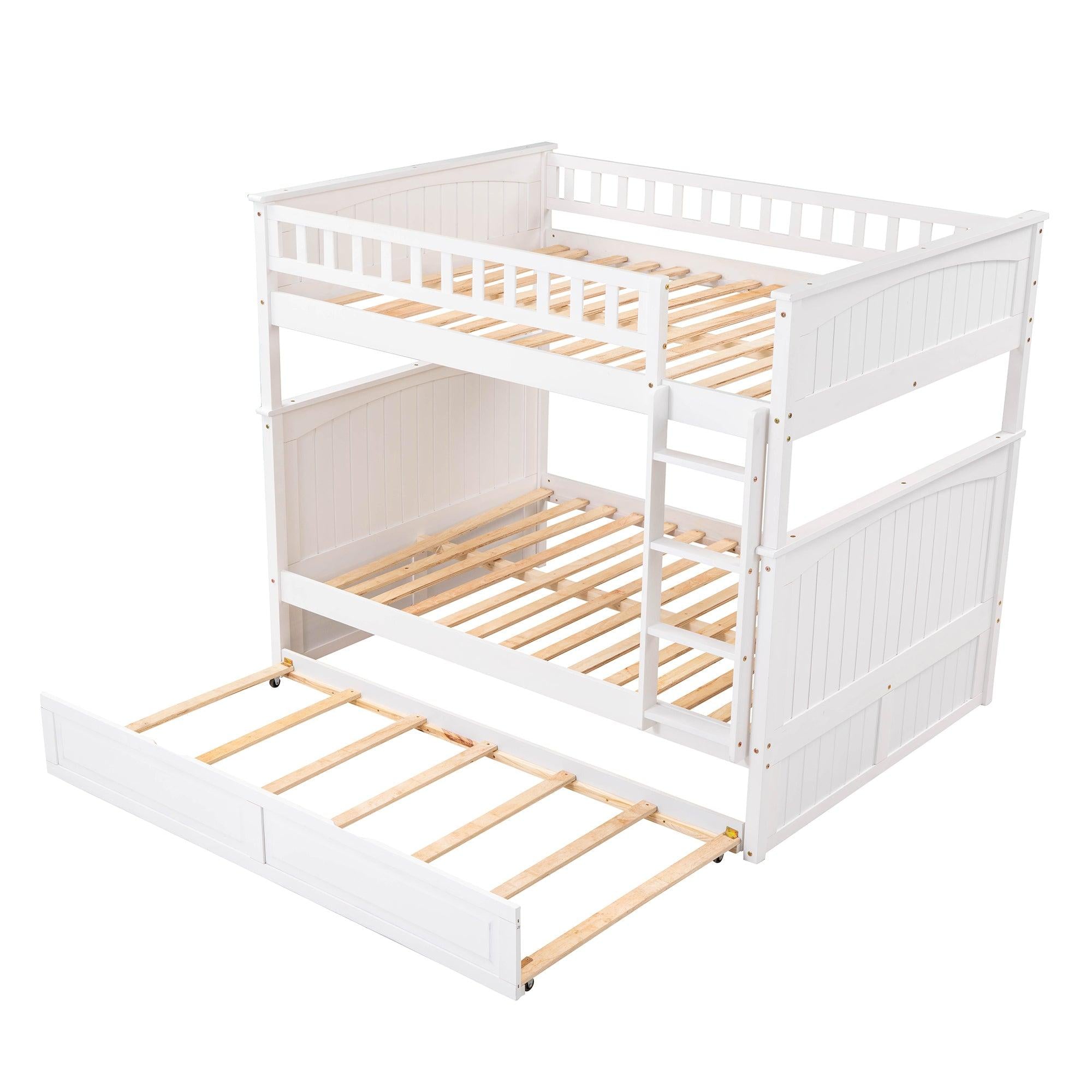 Full over Full Bunk Bed with Twin Size Trundle and Guardrails - White