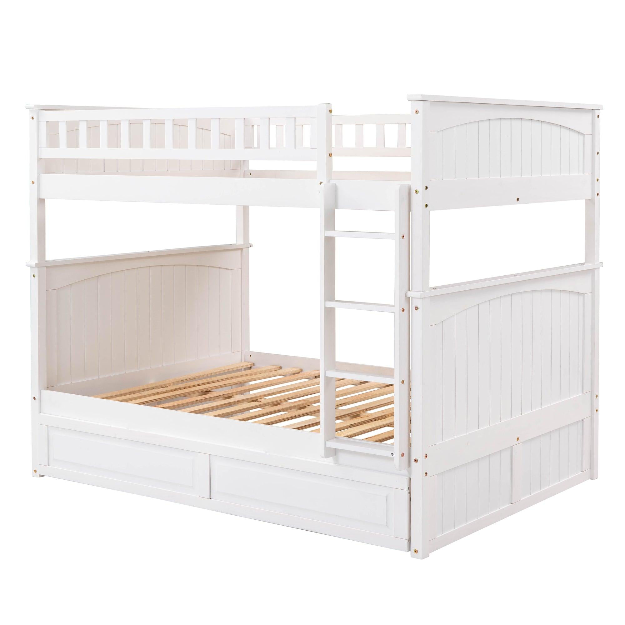 Full over Full Bunk Bed with Twin Size Trundle and Guardrails - White