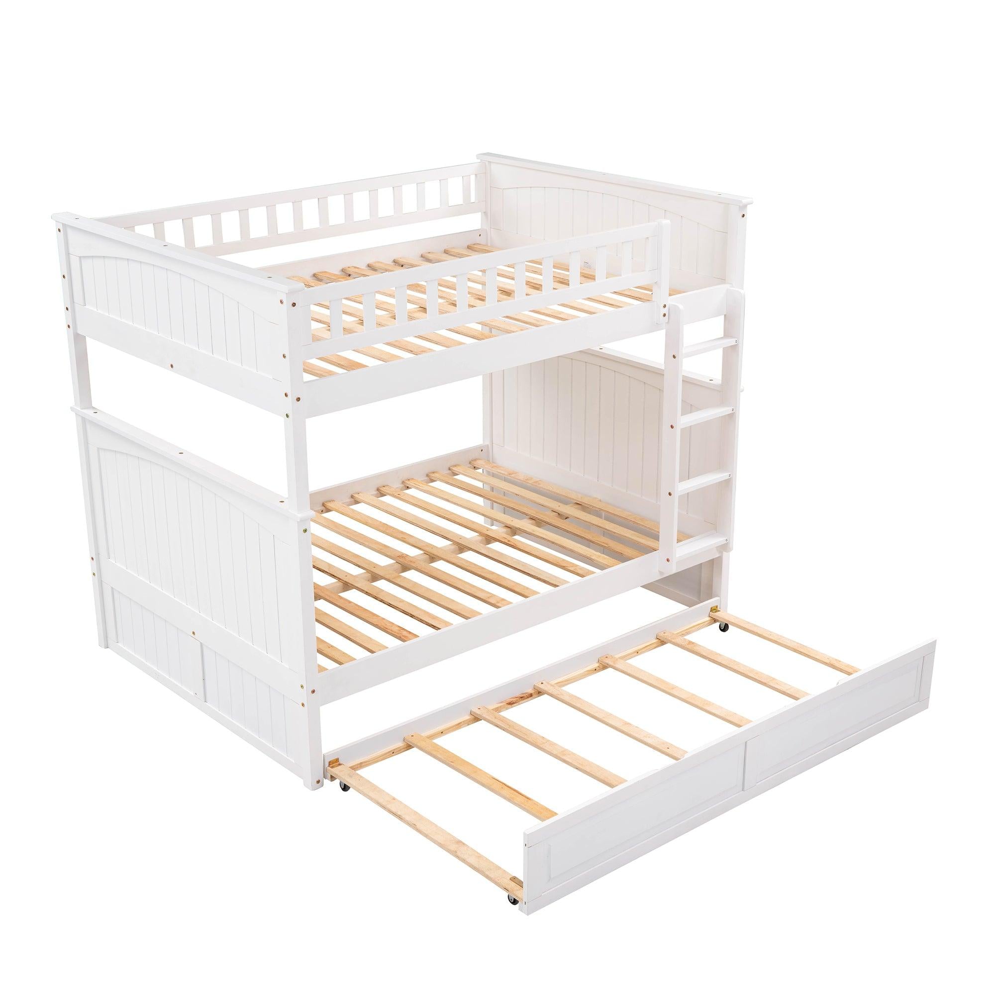 Full over Full Bunk Bed with Twin Size Trundle and Guardrails - White