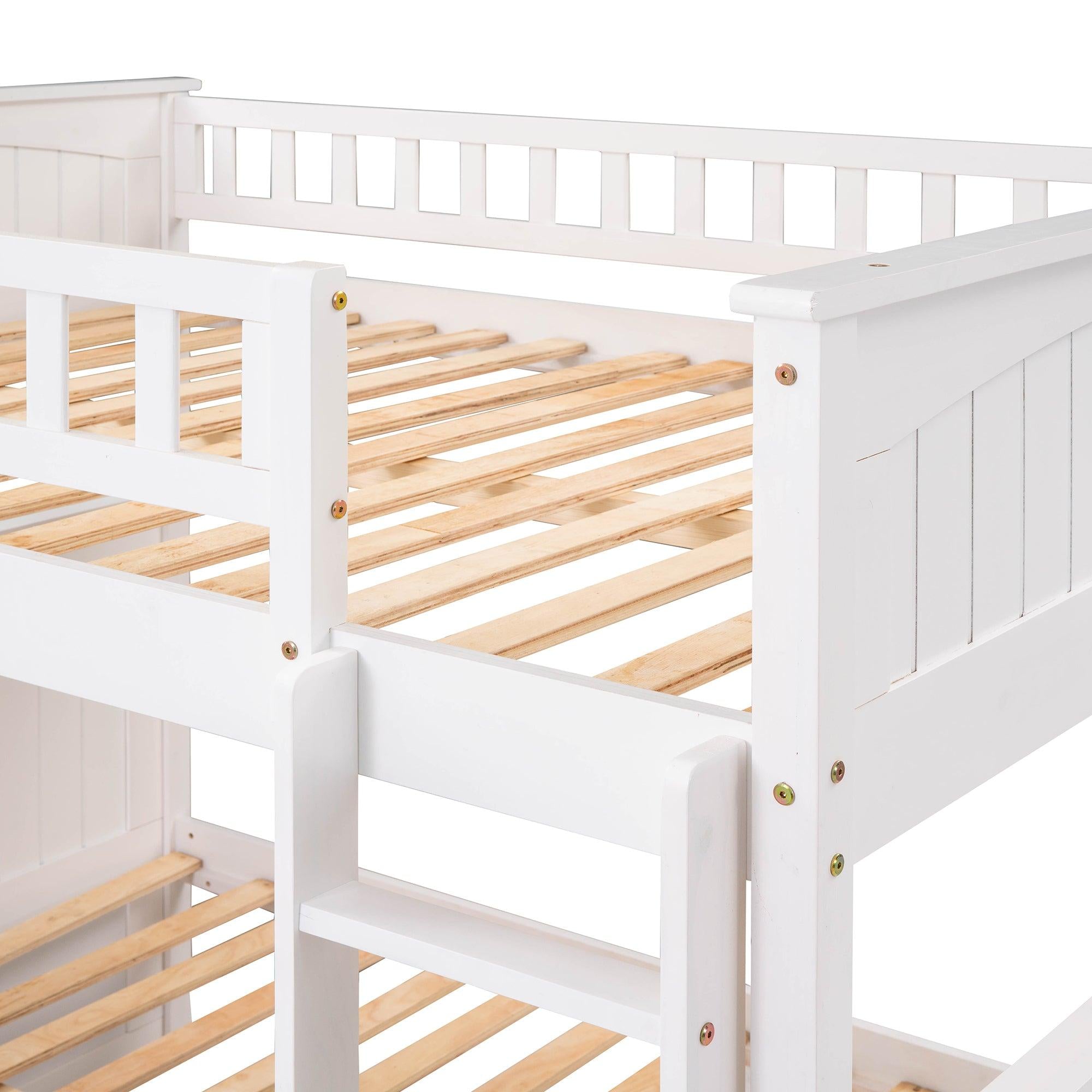 Full over Full Bunk Bed with Twin Size Trundle and Guardrails - White