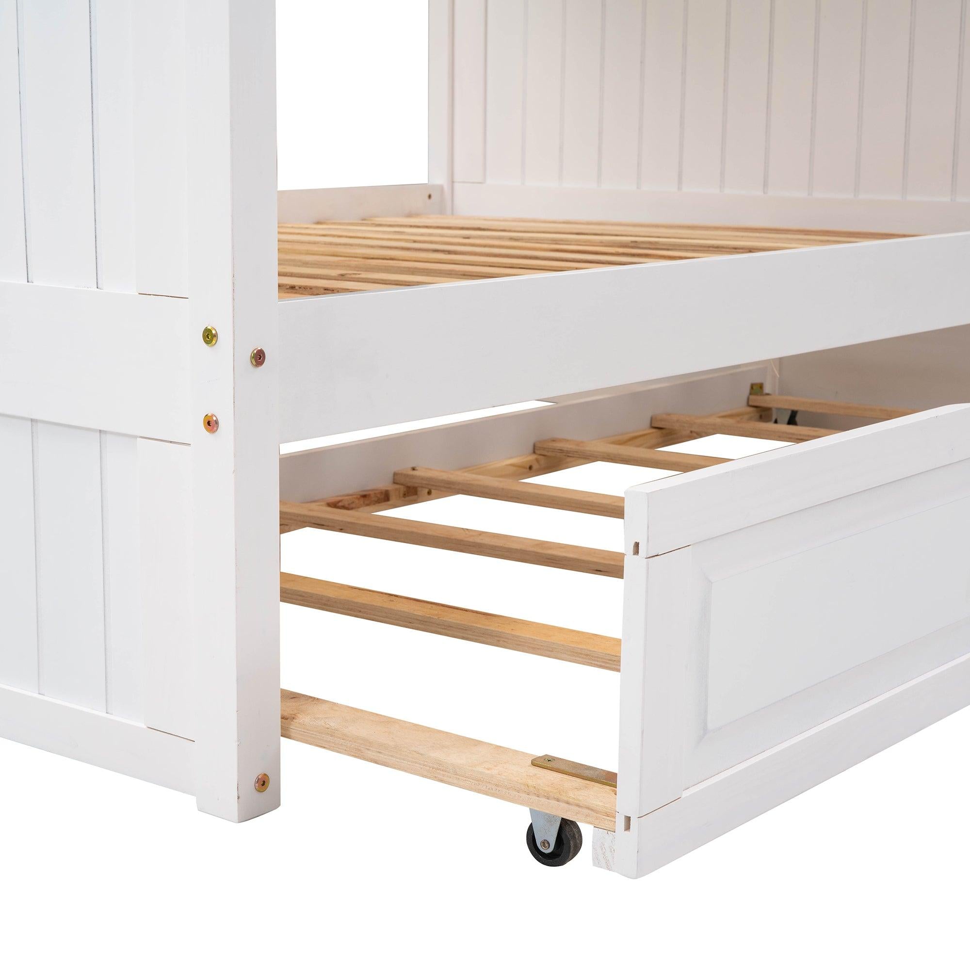 Full over Full Bunk Bed with Twin Size Trundle and Guardrails - White