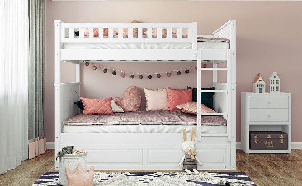 Full over Full Bunk Bed with Twin Size Trundle and Guardrails - White