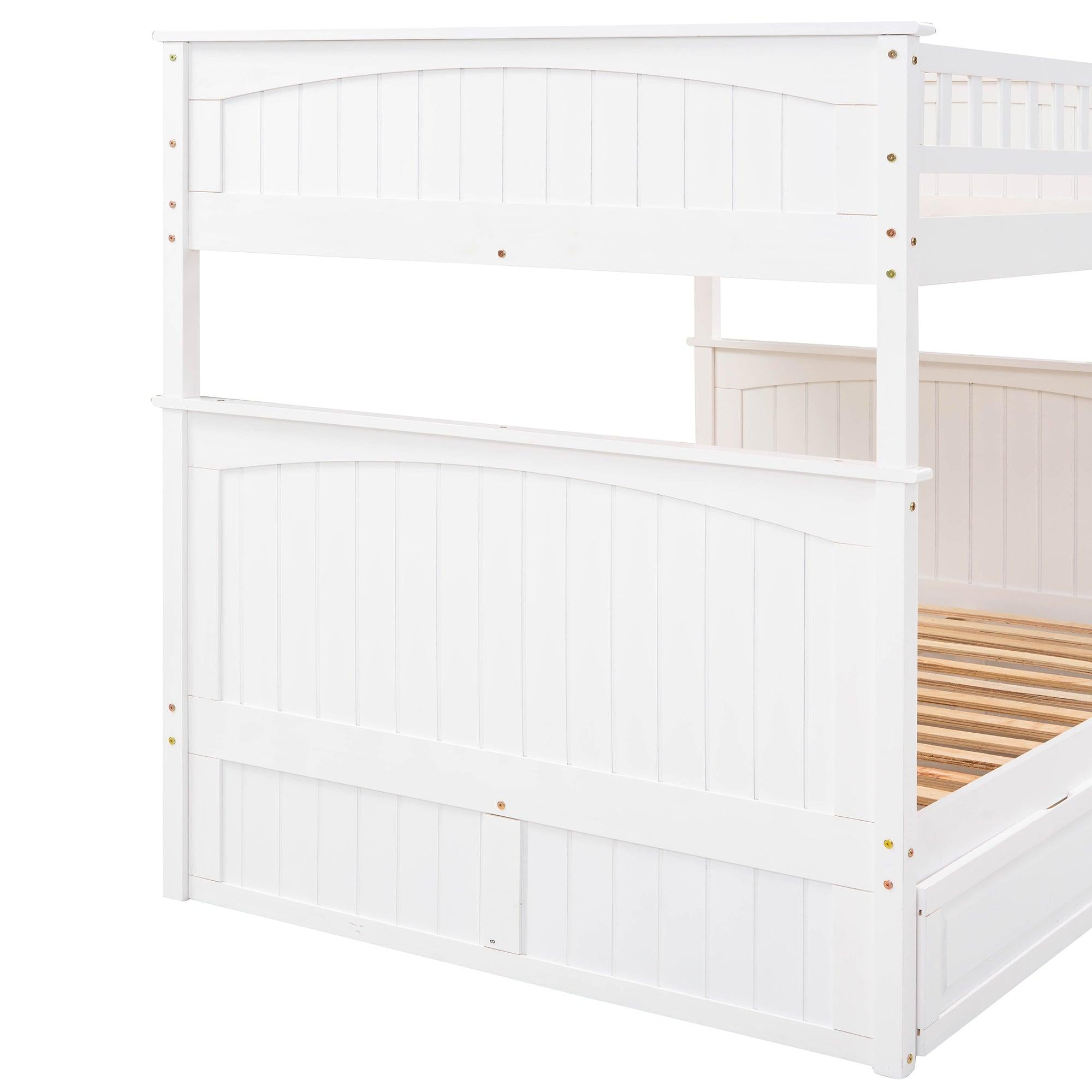 Full over Full Bunk Bed with Twin Size Trundle and Guardrails - White