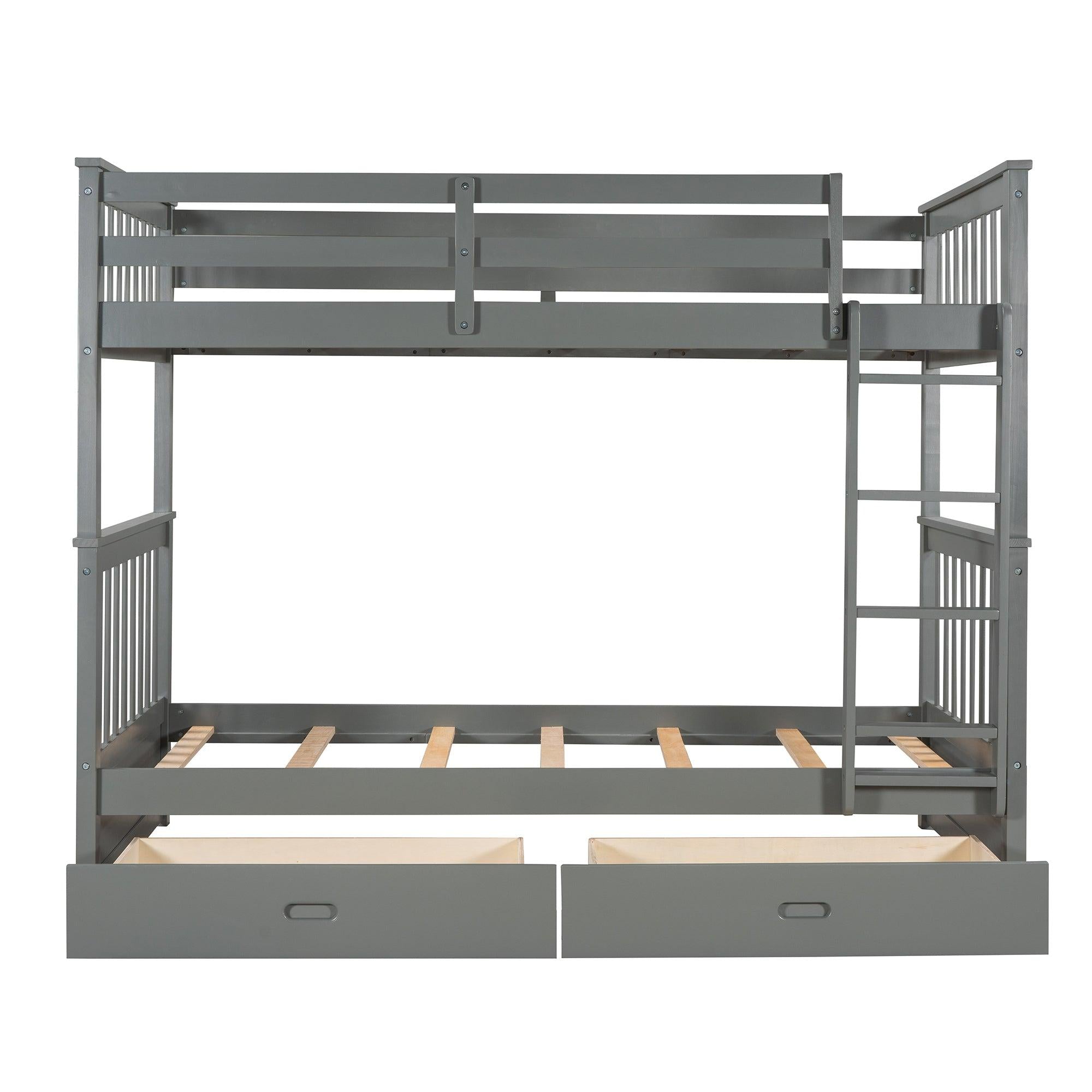 Twin over Twin Bunk Bed with Ladders and TwoStorage Drawers - Gray