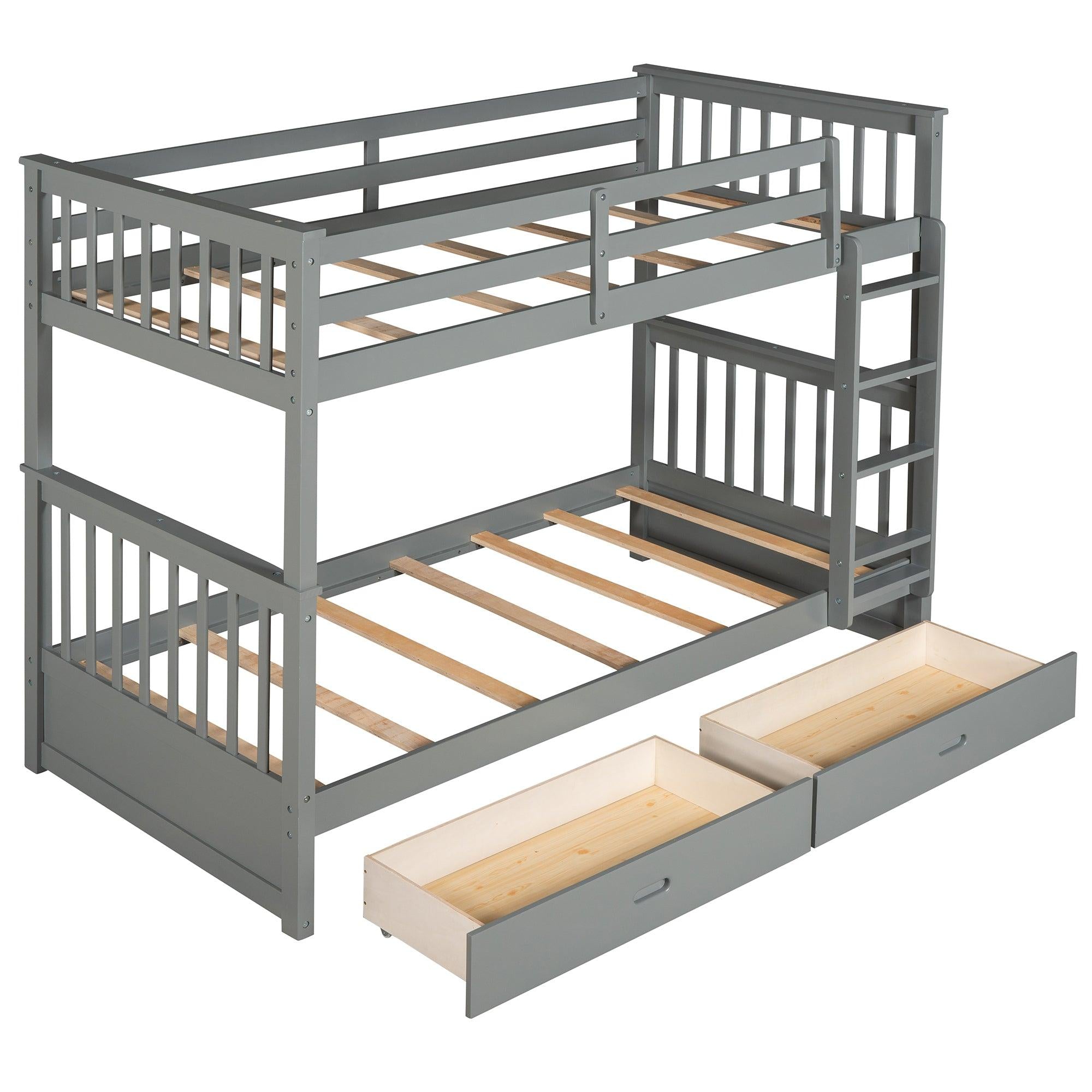 Twin over Twin Bunk Bed with Ladders and TwoStorage Drawers - Gray