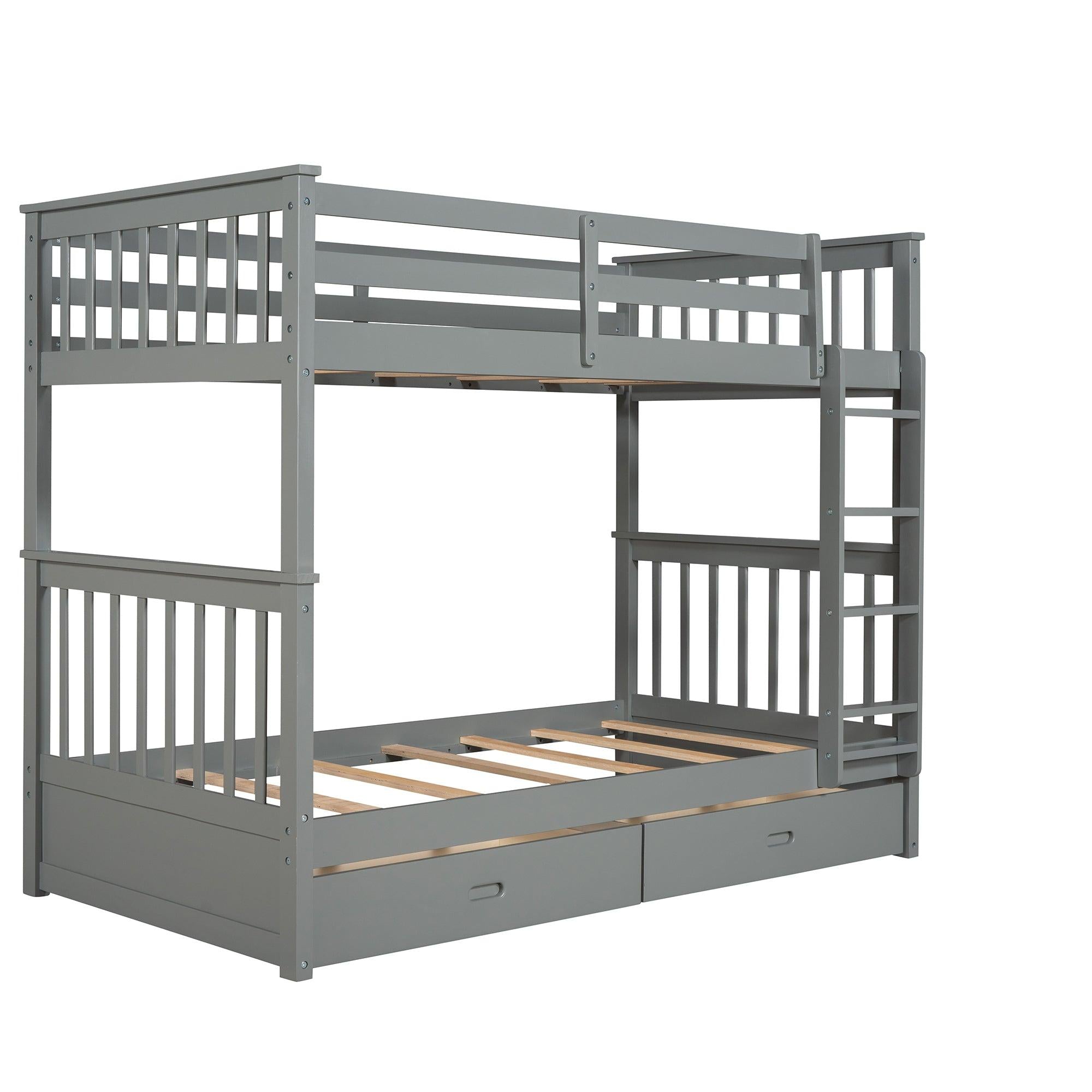 Twin over Twin Bunk Bed with Ladders and TwoStorage Drawers - Gray