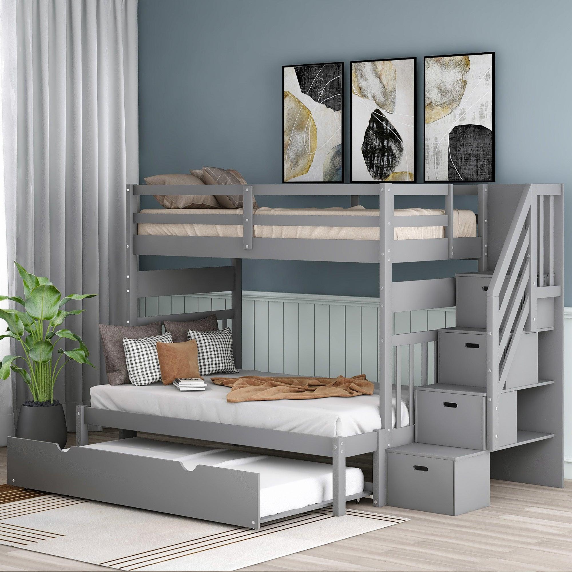 Twin over Twin or Twin over Full Convertible Bunk Bed withStorage Drawers and Twin Size Trundle Bed - Gray image