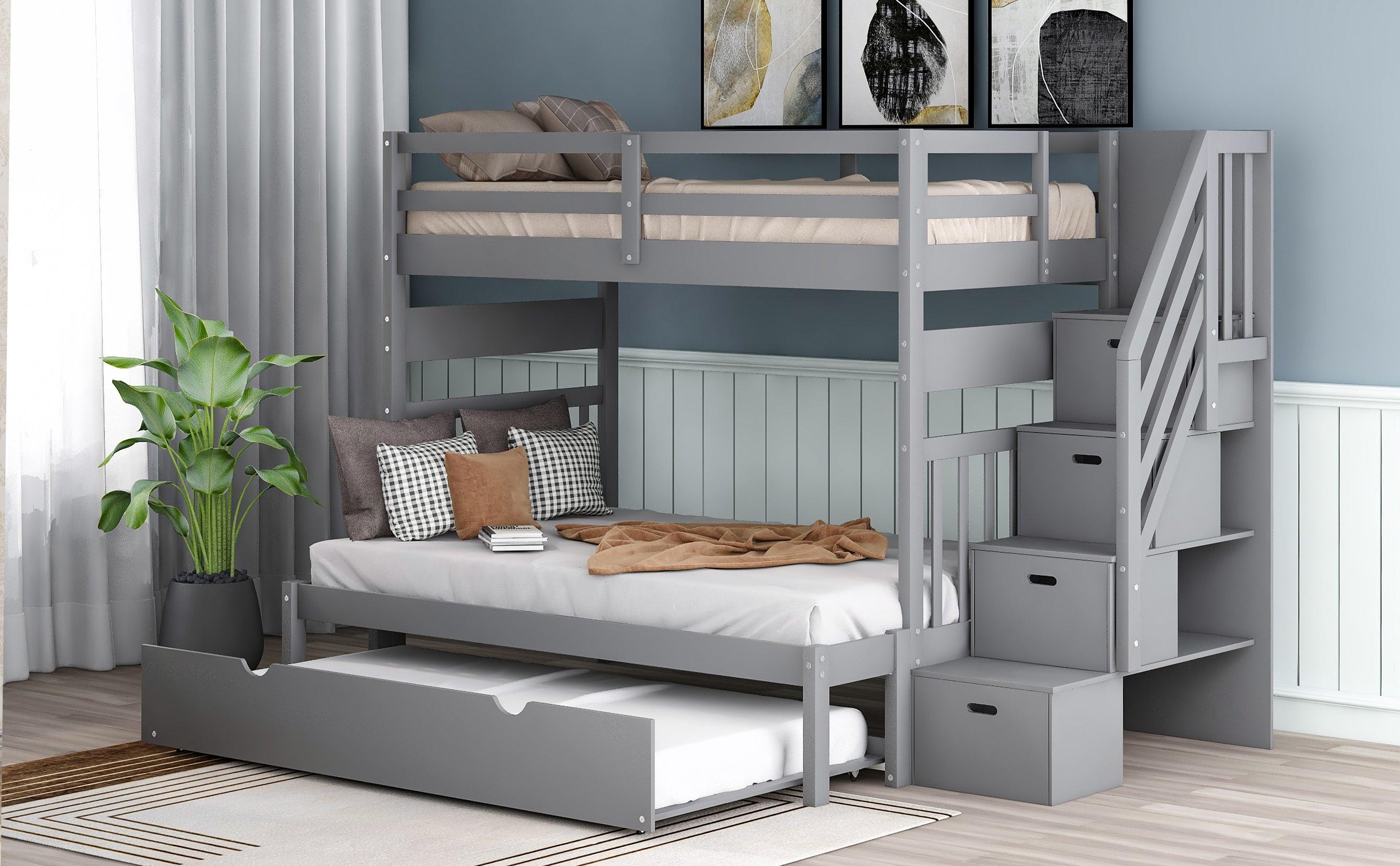 Twin over Twin or Twin over Full Convertible Bunk Bed withStorage Drawers and Twin Size Trundle Bed - Gray