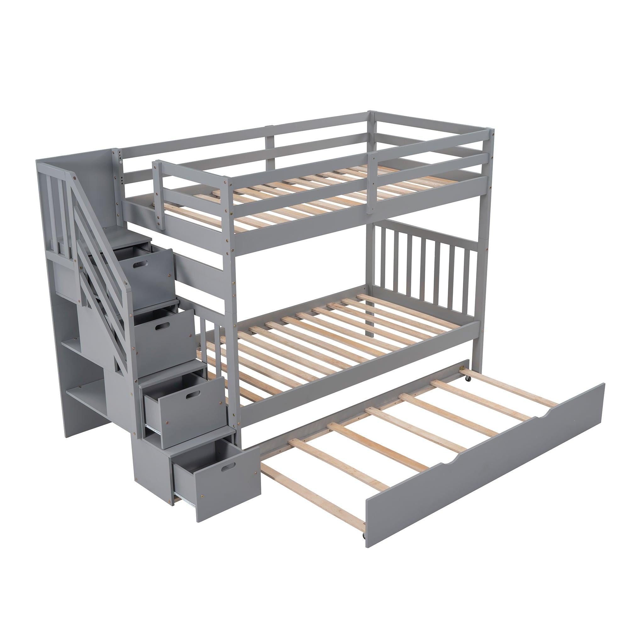 Twin over Twin or Twin over Full Convertible Bunk Bed withStorage Drawers and Twin Size Trundle Bed - Gray