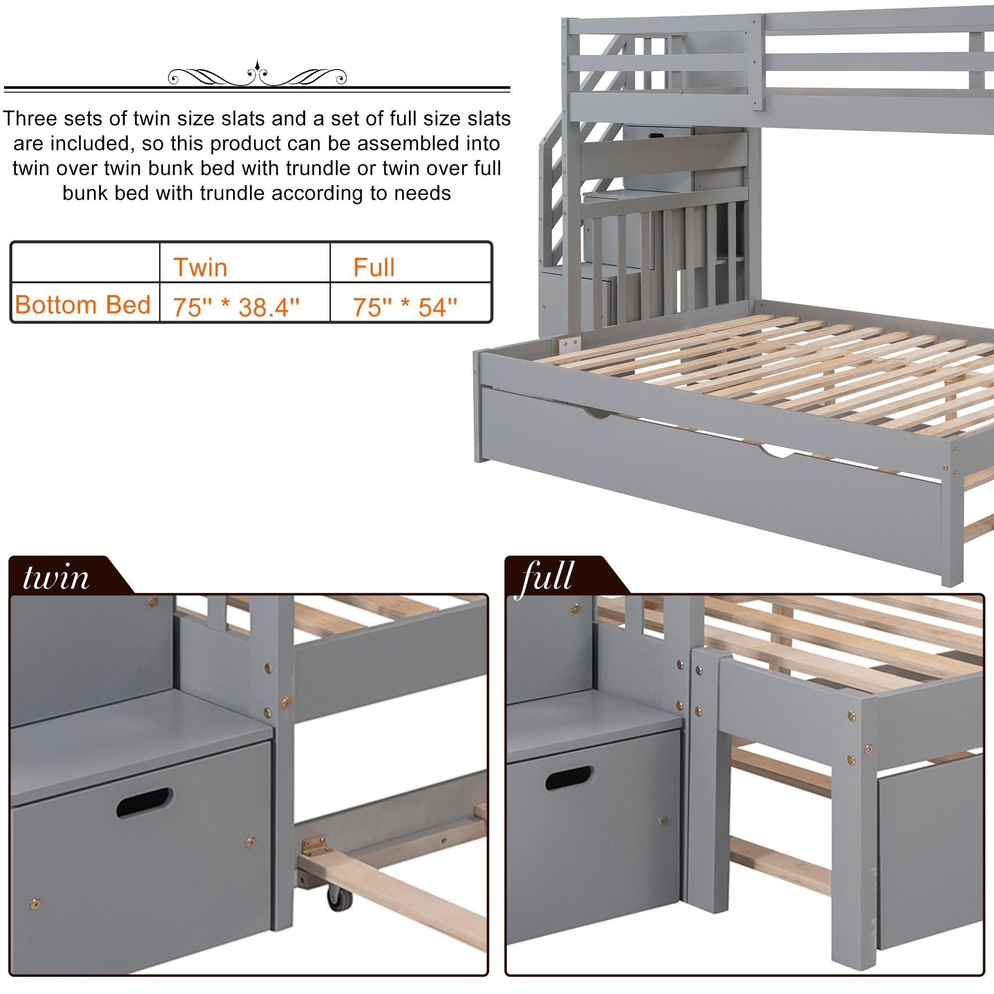 Twin over Twin or Twin over Full Convertible Bunk Bed withStorage Drawers and Twin Size Trundle Bed - Gray