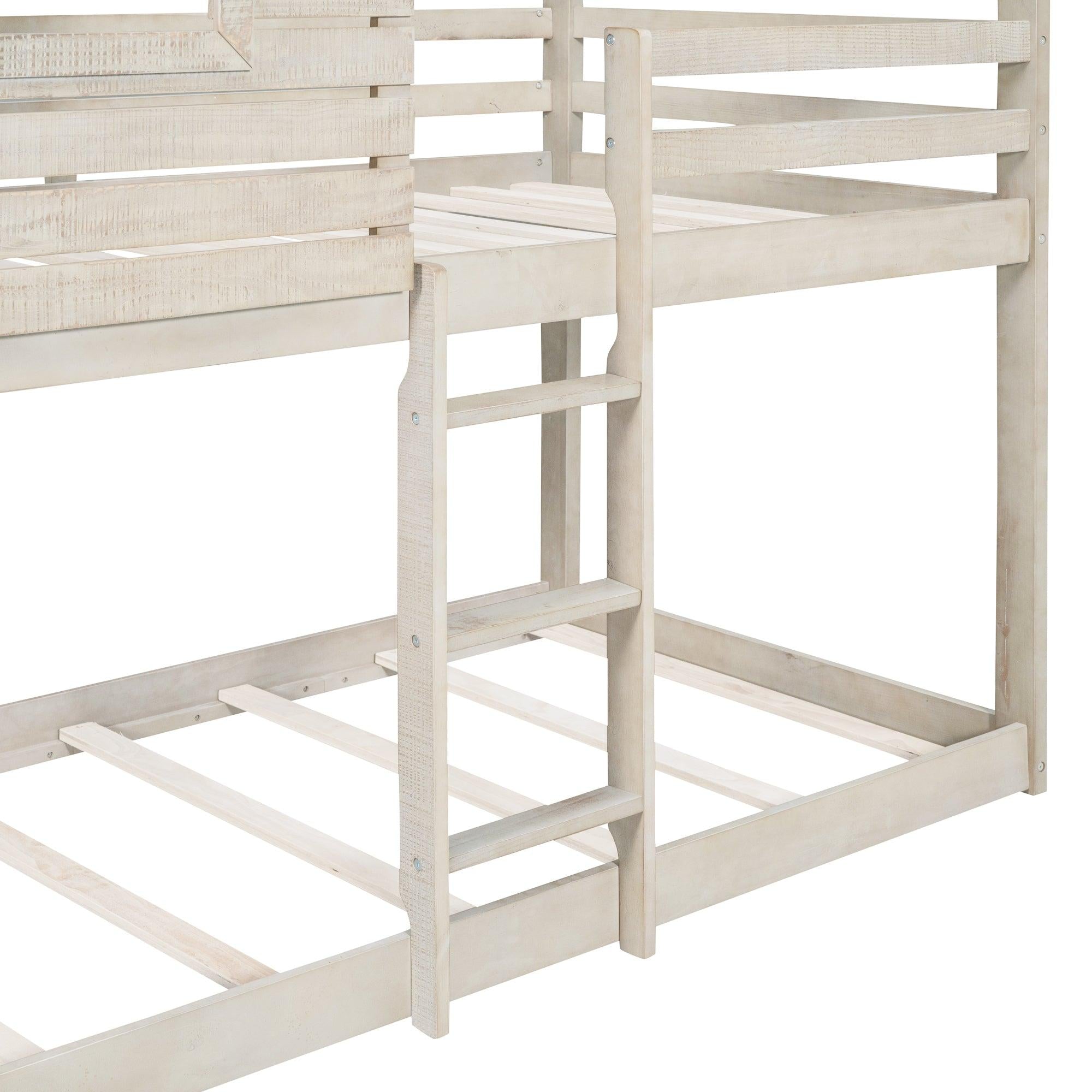 Twin Over Twin House Shaped Bunk Bed with Guardrail and Ladder - Antique White