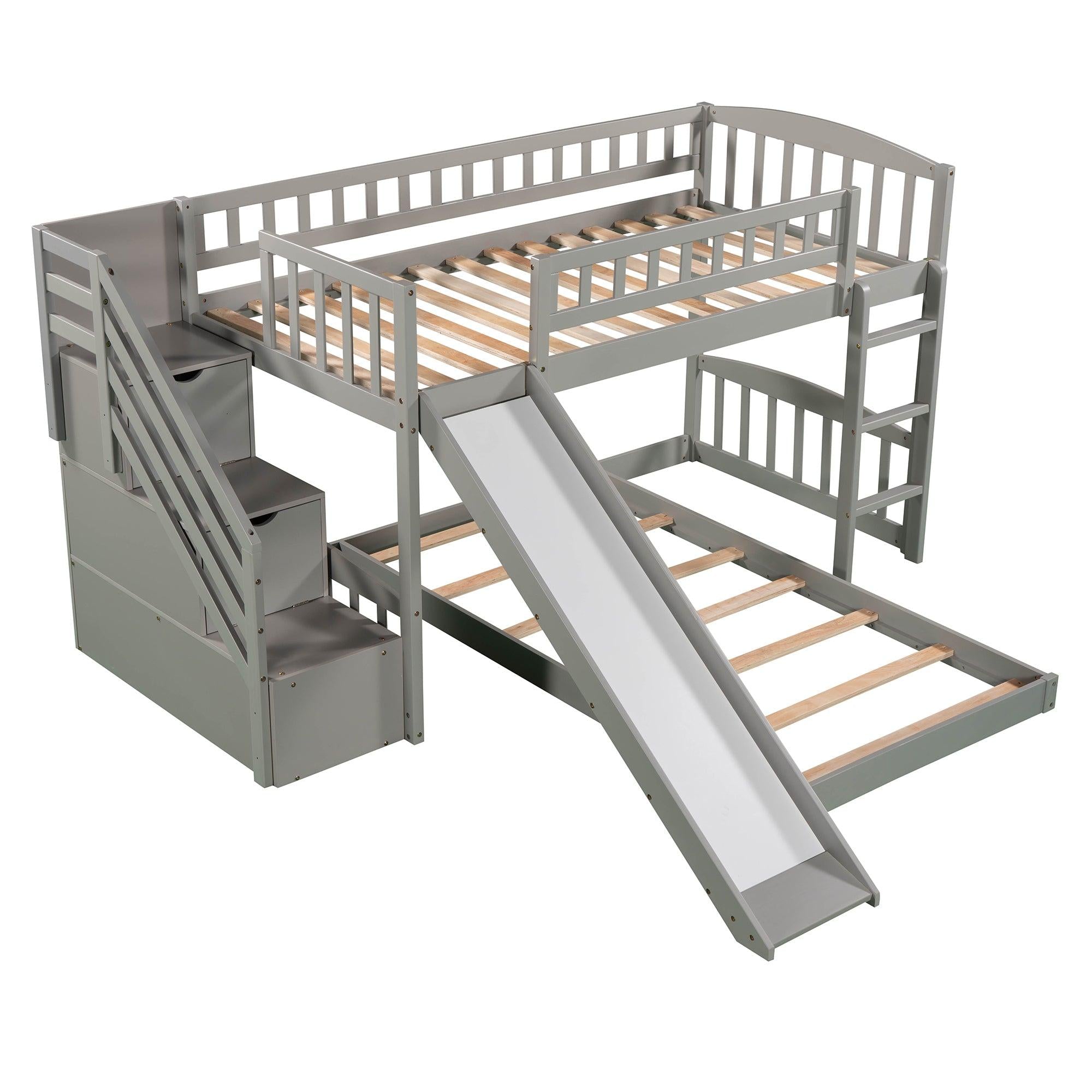 Twin over Twin Bunk Bed with Two Stairway Drawers and Slide - Gray