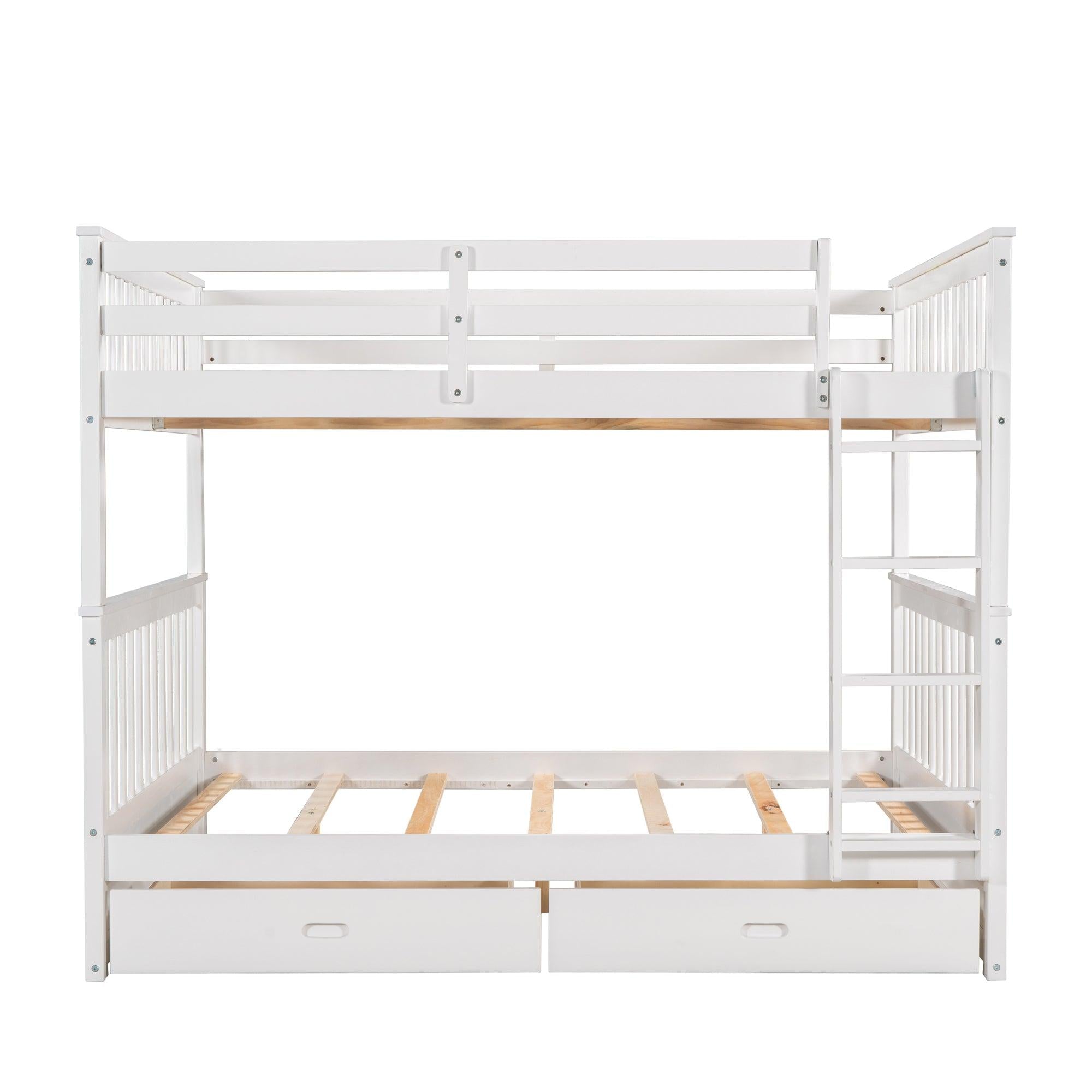 Full over Full Bunk Bed with Ladders and TwoStorage Drawers - White