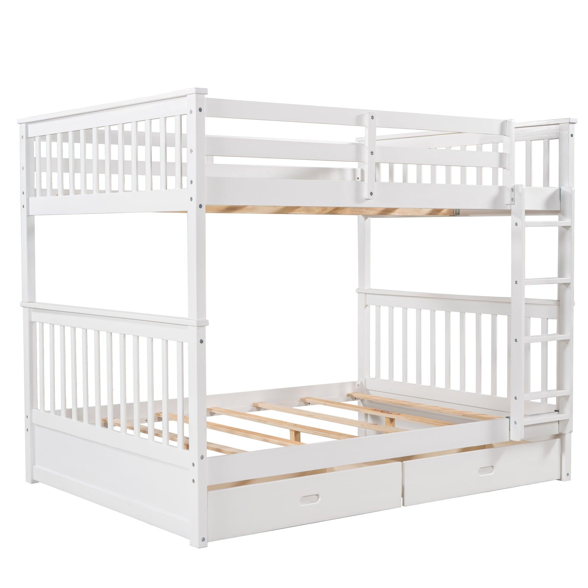 Full over Full Bunk Bed with Ladders and TwoStorage Drawers - White