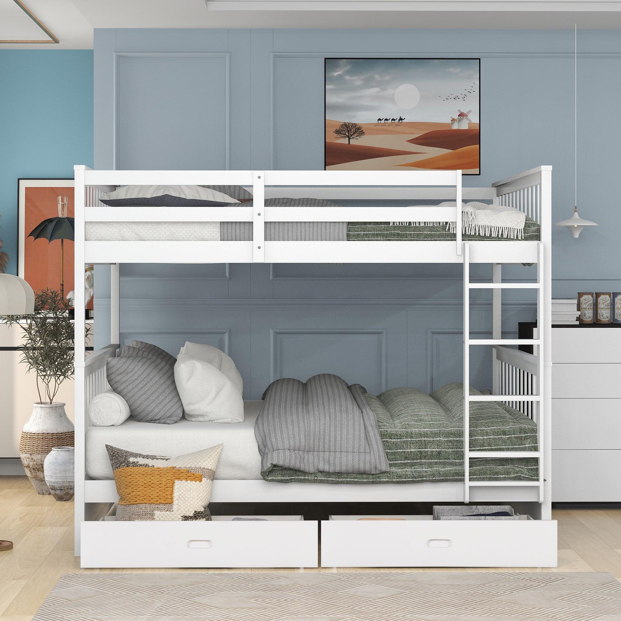 Full over Full Bunk Bed with Ladders and TwoStorage Drawers - White