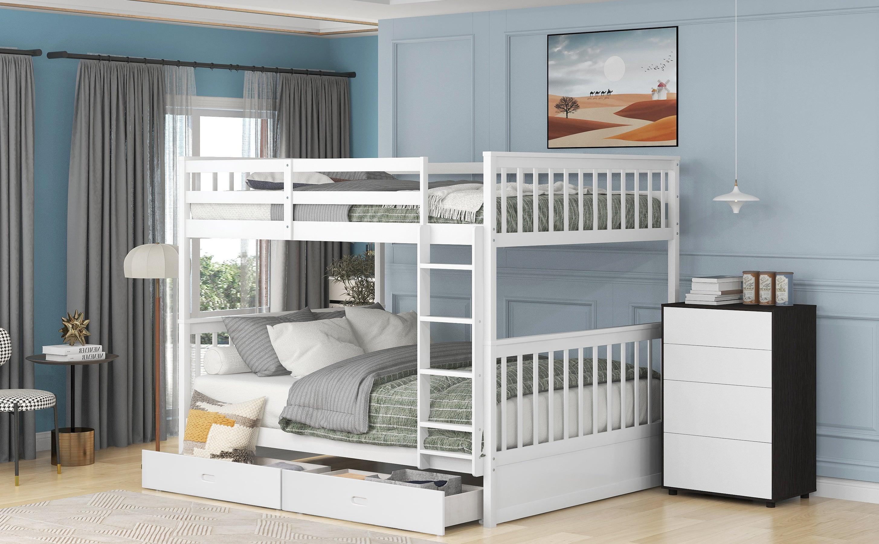 Full over Full Bunk Bed with Ladders and TwoStorage Drawers - White