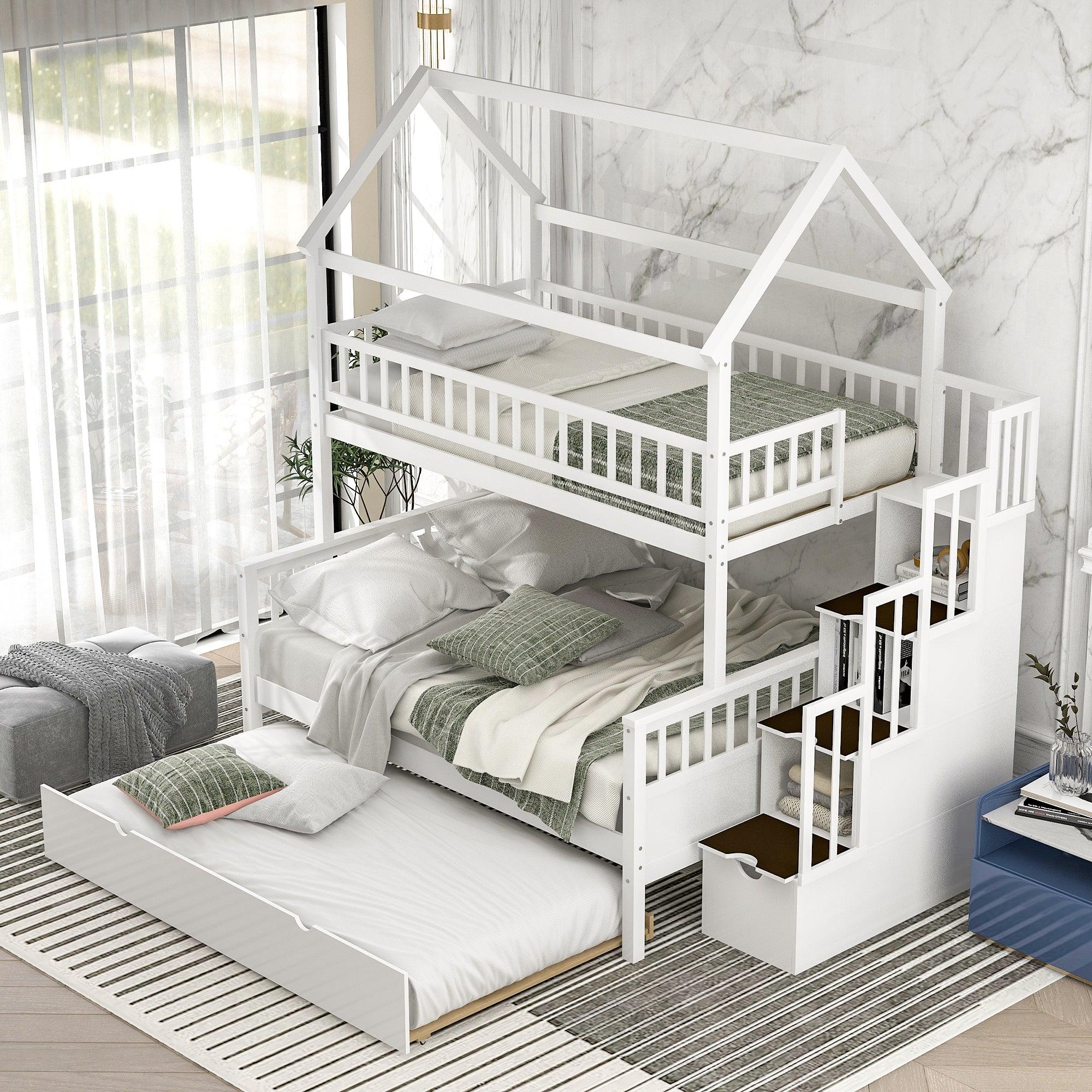 Twin over Full House Shaped Bunk Bed withStorage Staircase, Guardrail and Twin Size Trundle - White