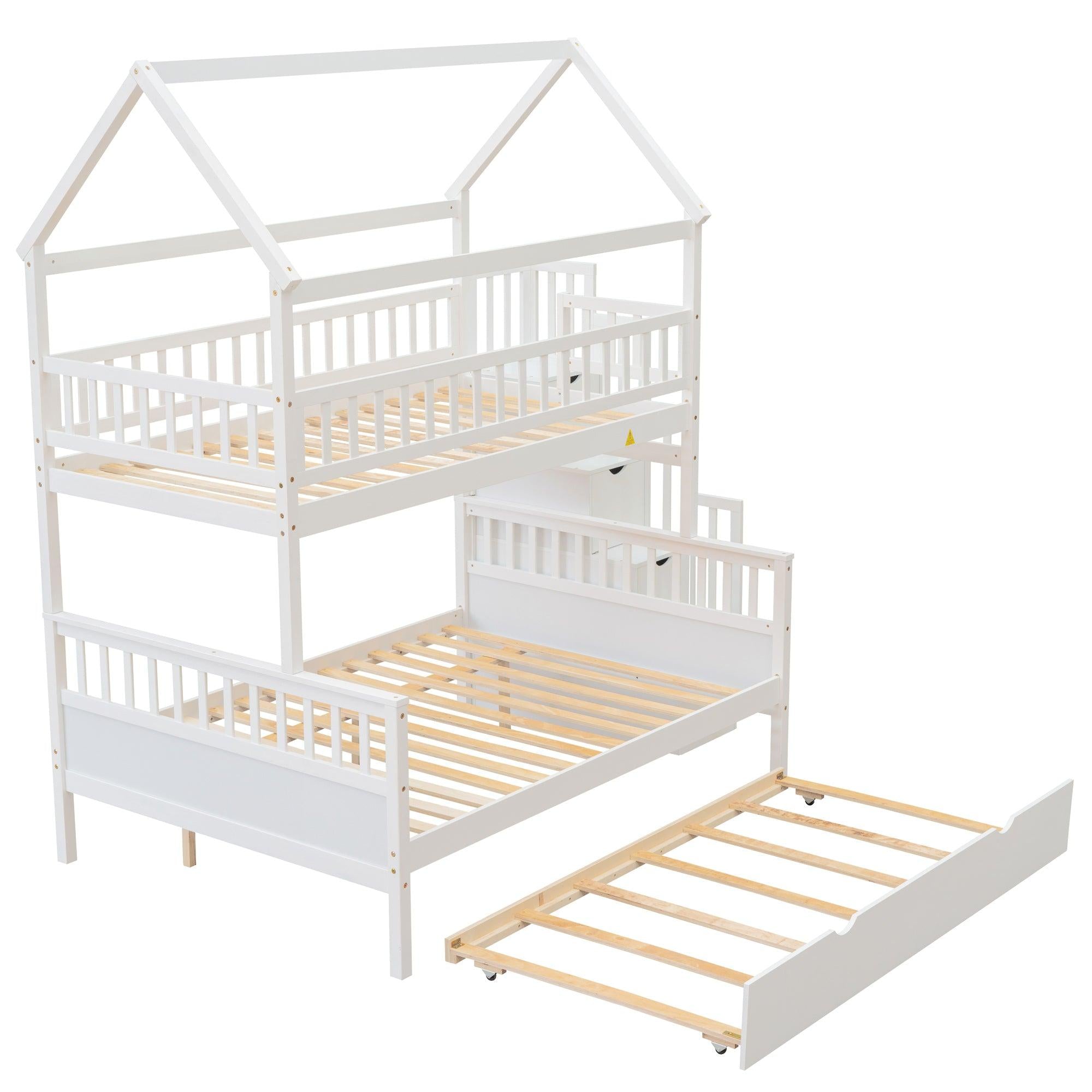 Twin over Full House Shaped Bunk Bed withStorage Staircase, Guardrail and Twin Size Trundle - White