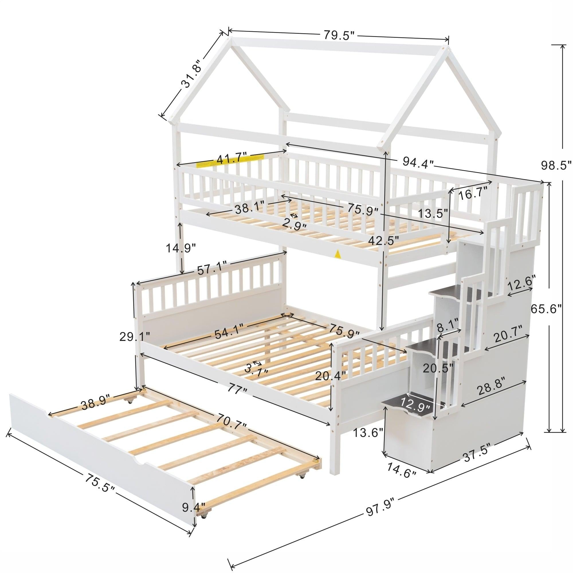 Twin over Full House Shaped Bunk Bed withStorage Staircase, Guardrail and Twin Size Trundle - White