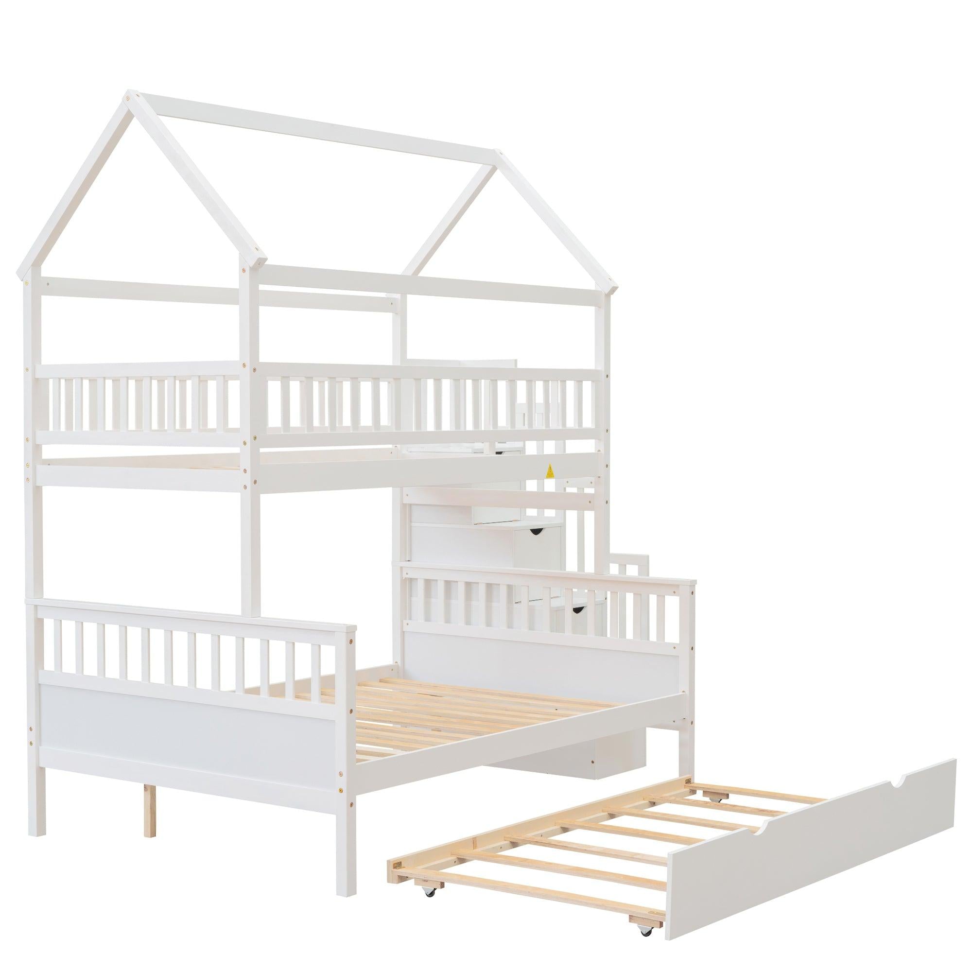 Twin over Full House Shaped Bunk Bed withStorage Staircase, Guardrail and Twin Size Trundle - White