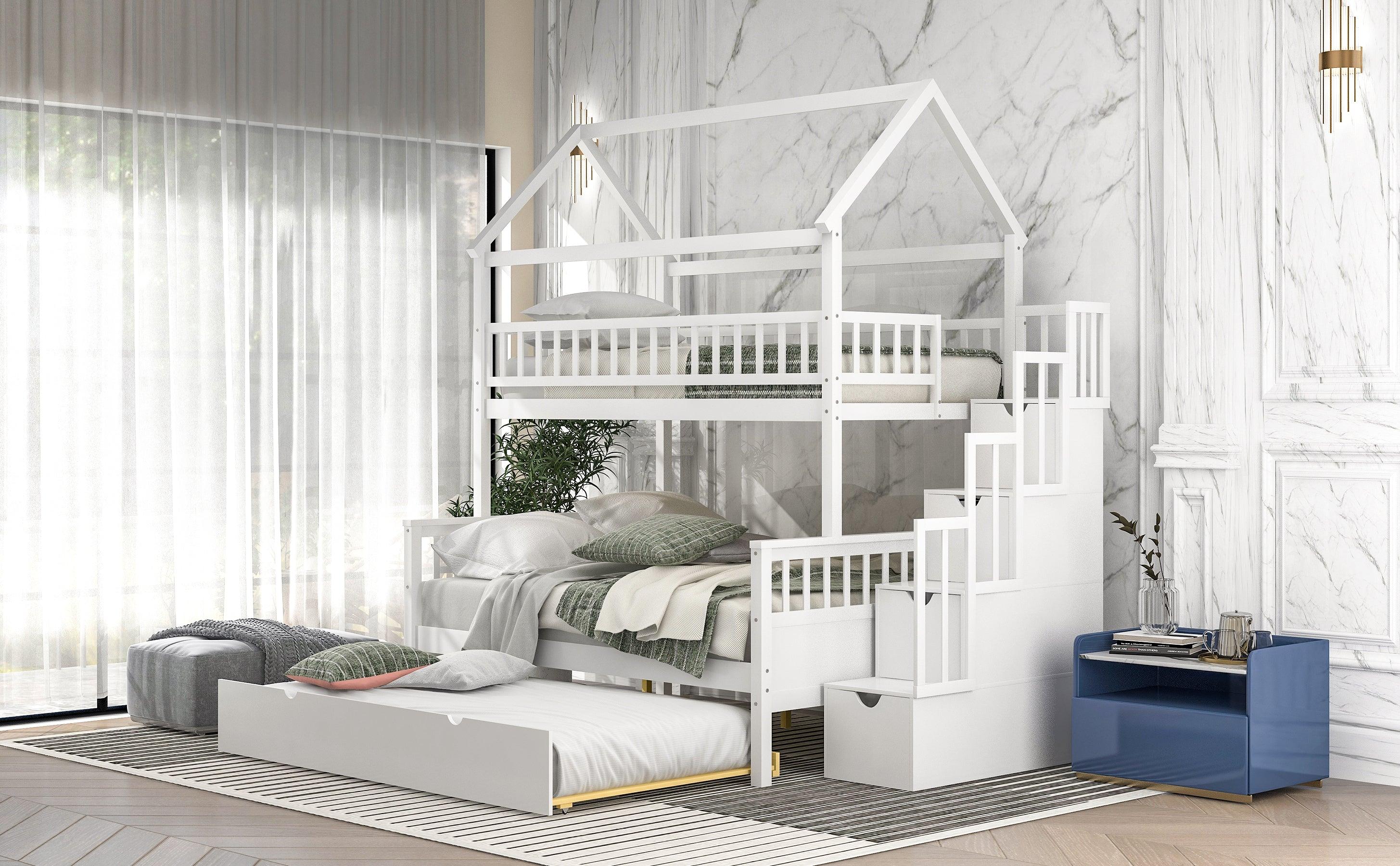 Twin over Full House Shaped Bunk Bed withStorage Staircase, Guardrail and Twin Size Trundle - White