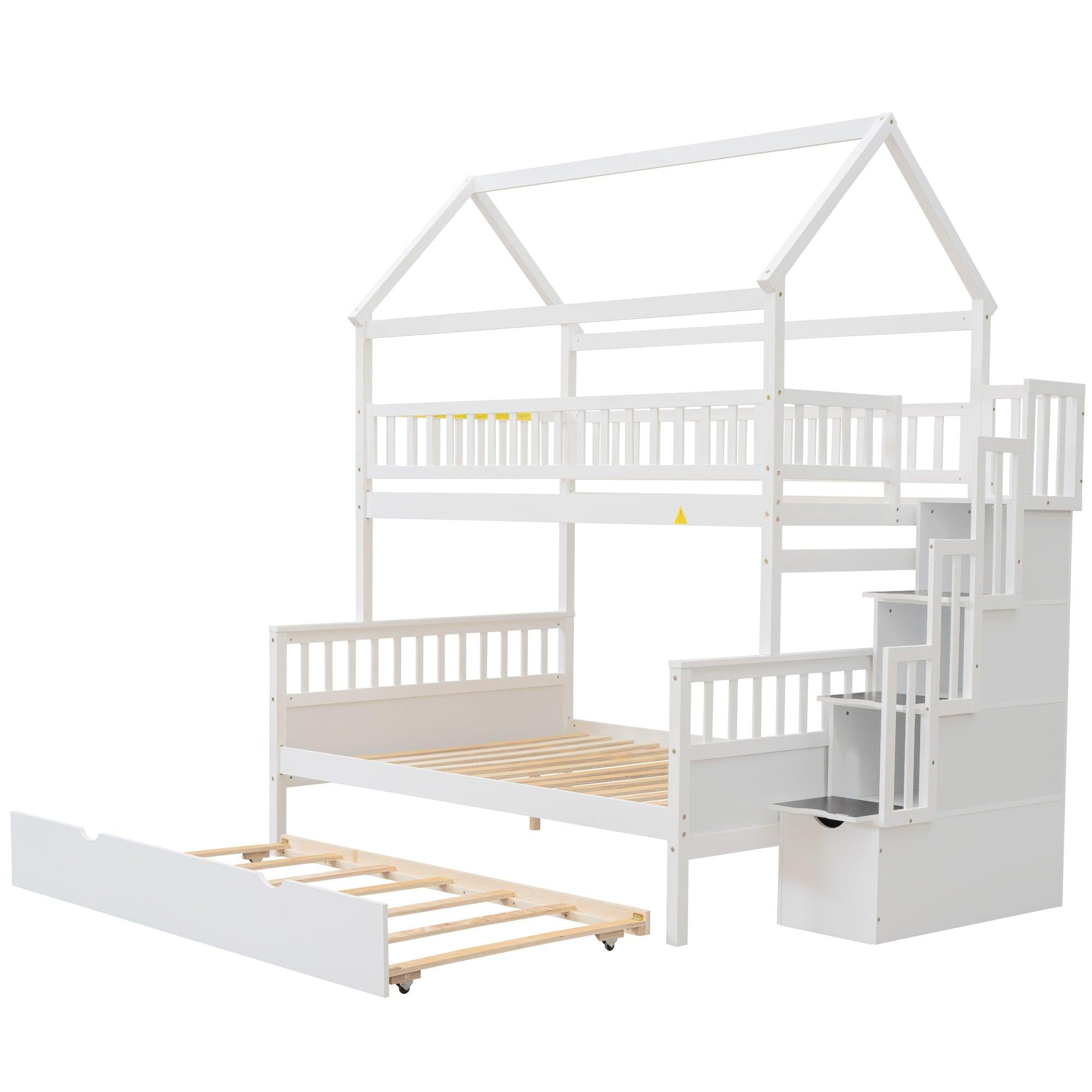 Twin over Full House Shaped Bunk Bed withStorage Staircase, Guardrail and Twin Size Trundle - White