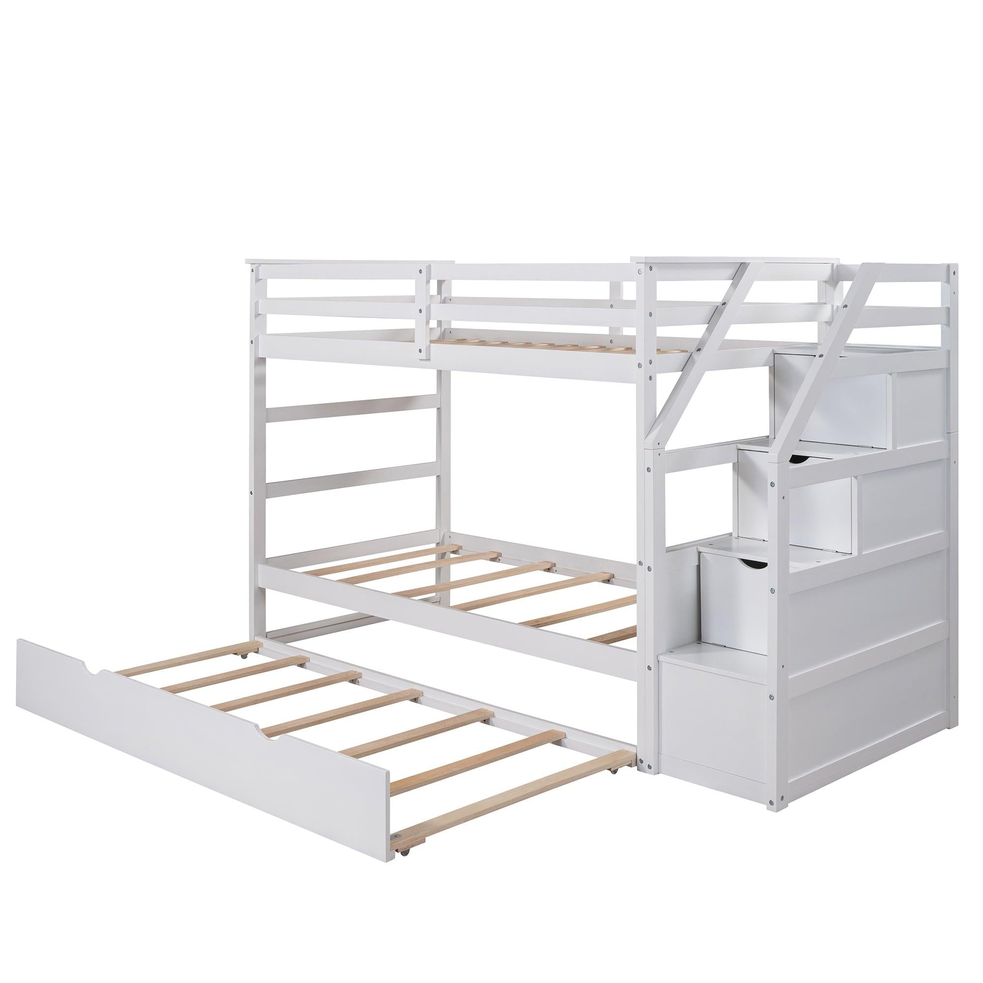 Twin over Twin Bunk Bed withStorage Staircase and Twin Size Trundle Bed - White