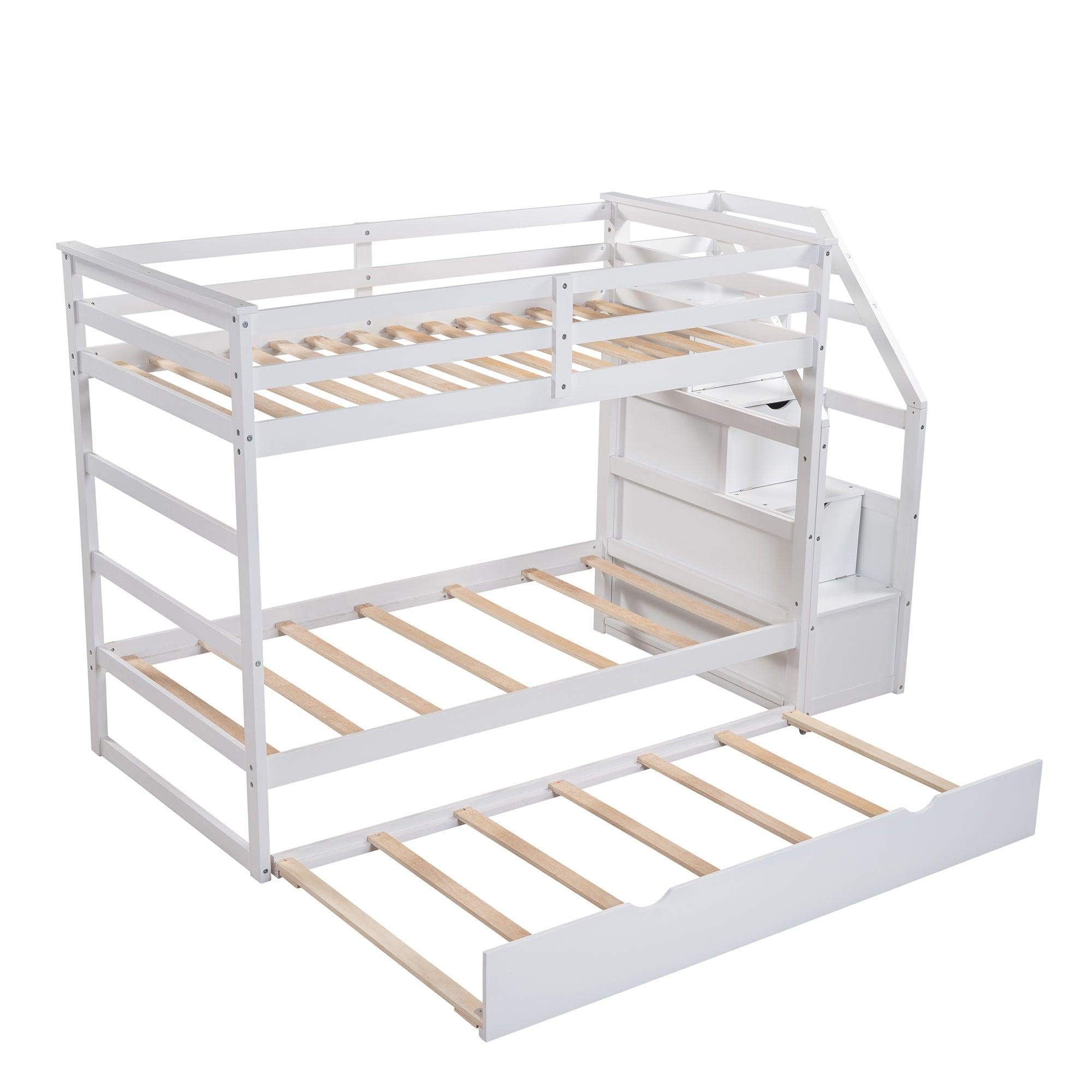 Twin over Twin Bunk Bed withStorage Staircase and Twin Size Trundle Bed - White