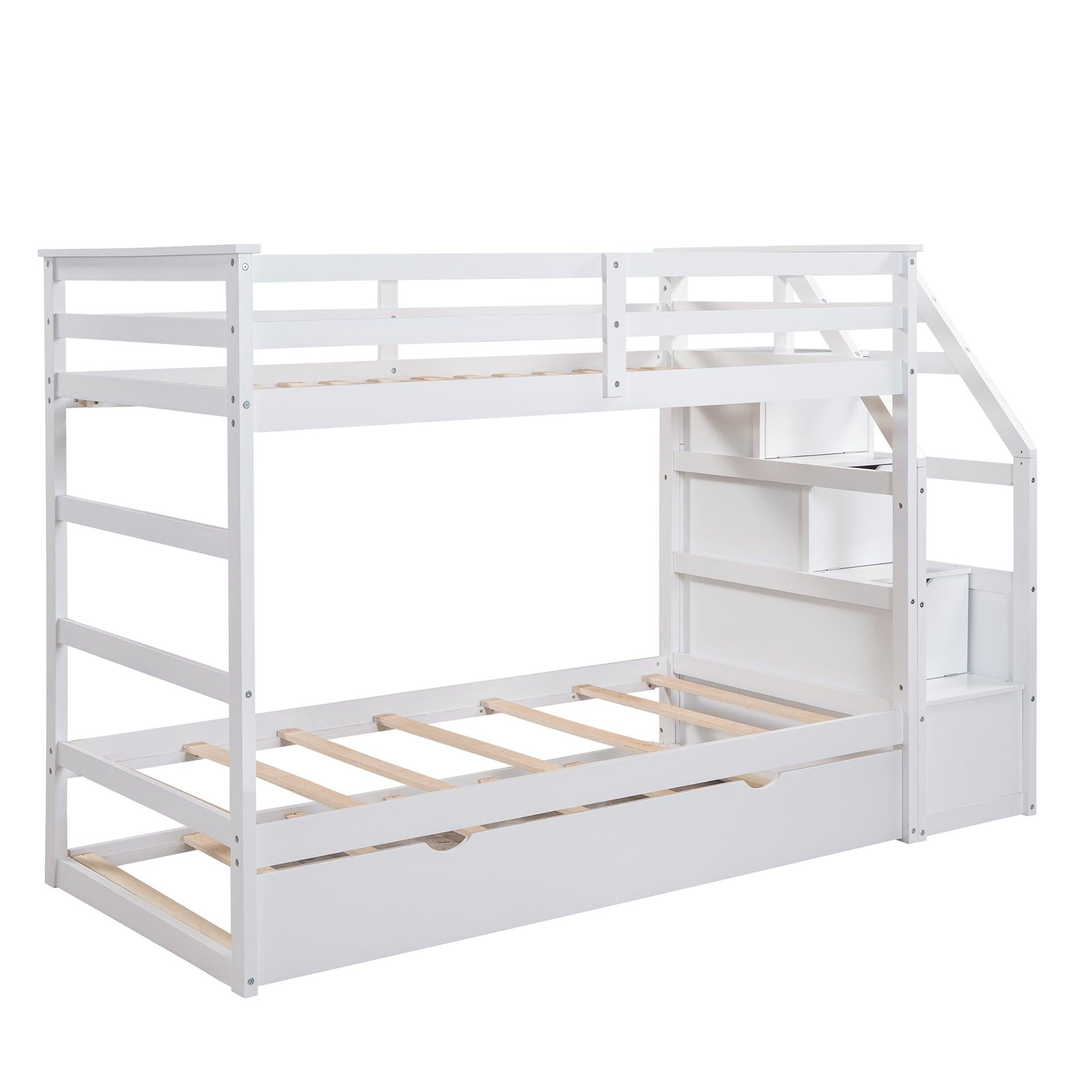 Twin over Twin Bunk Bed withStorage Staircase and Twin Size Trundle Bed - White