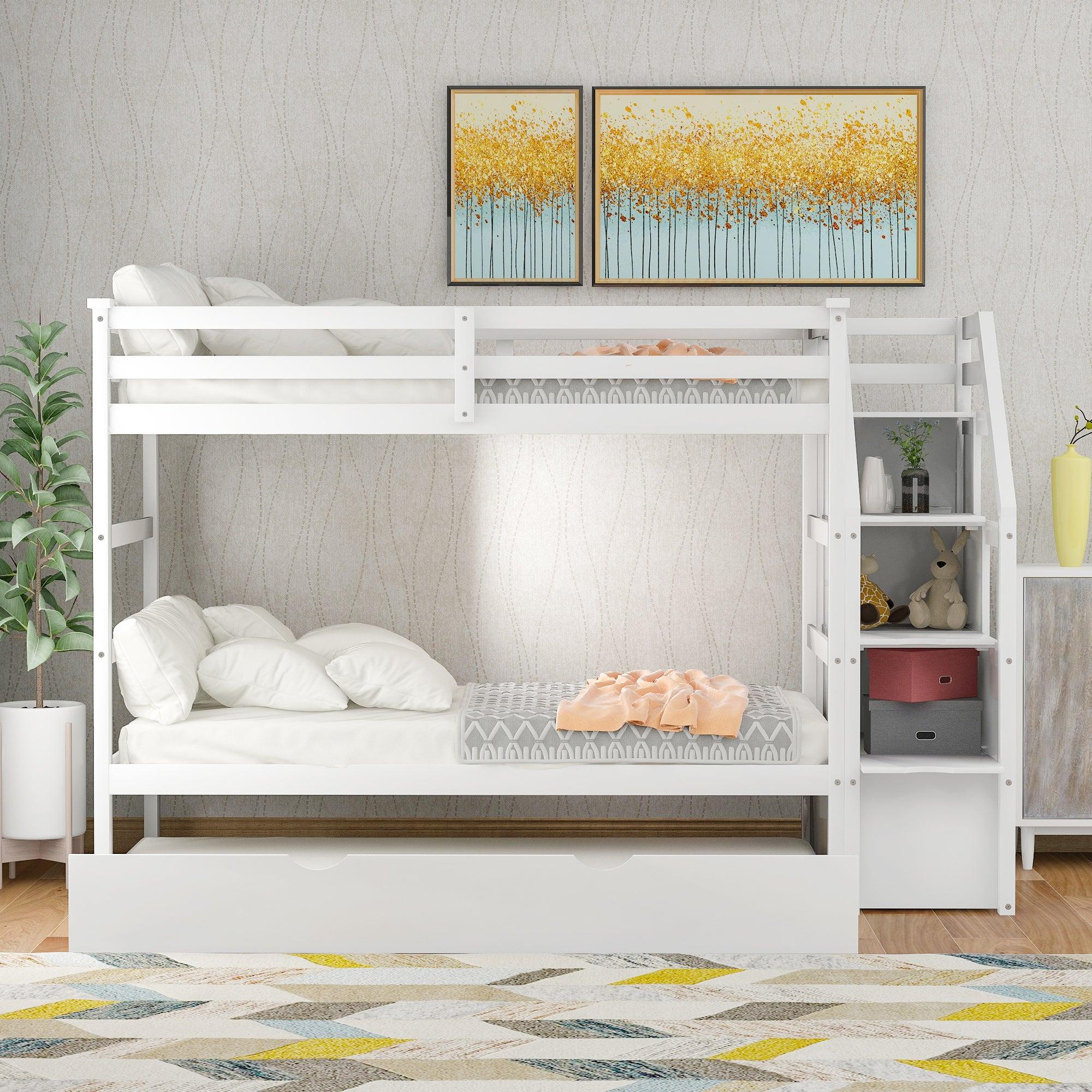 Twin over Twin Bunk Bed withStorage Staircase and Twin Size Trundle Bed - White