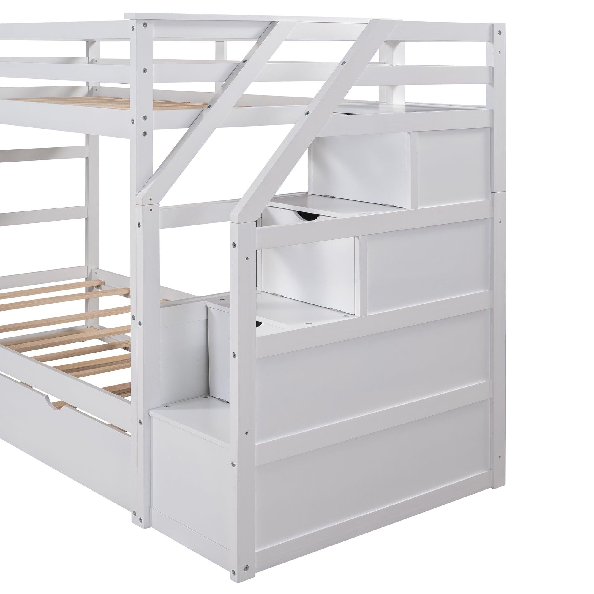 Twin over Twin Bunk Bed withStorage Staircase and Twin Size Trundle Bed - White