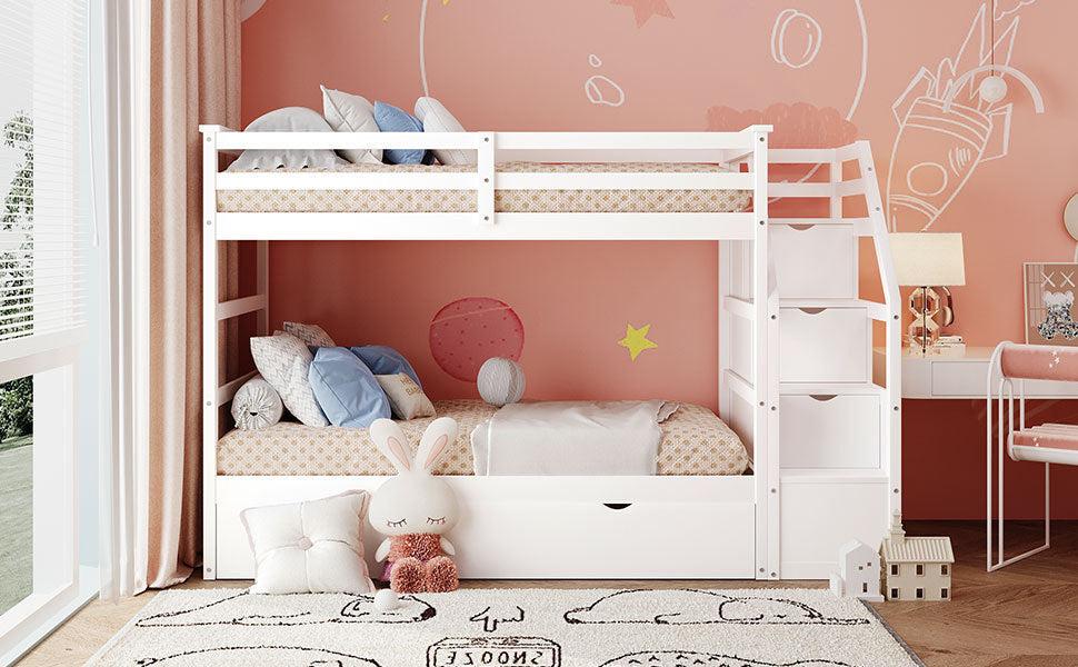 Twin over Twin Bunk Bed withStorage Staircase and Twin Size Trundle Bed - White