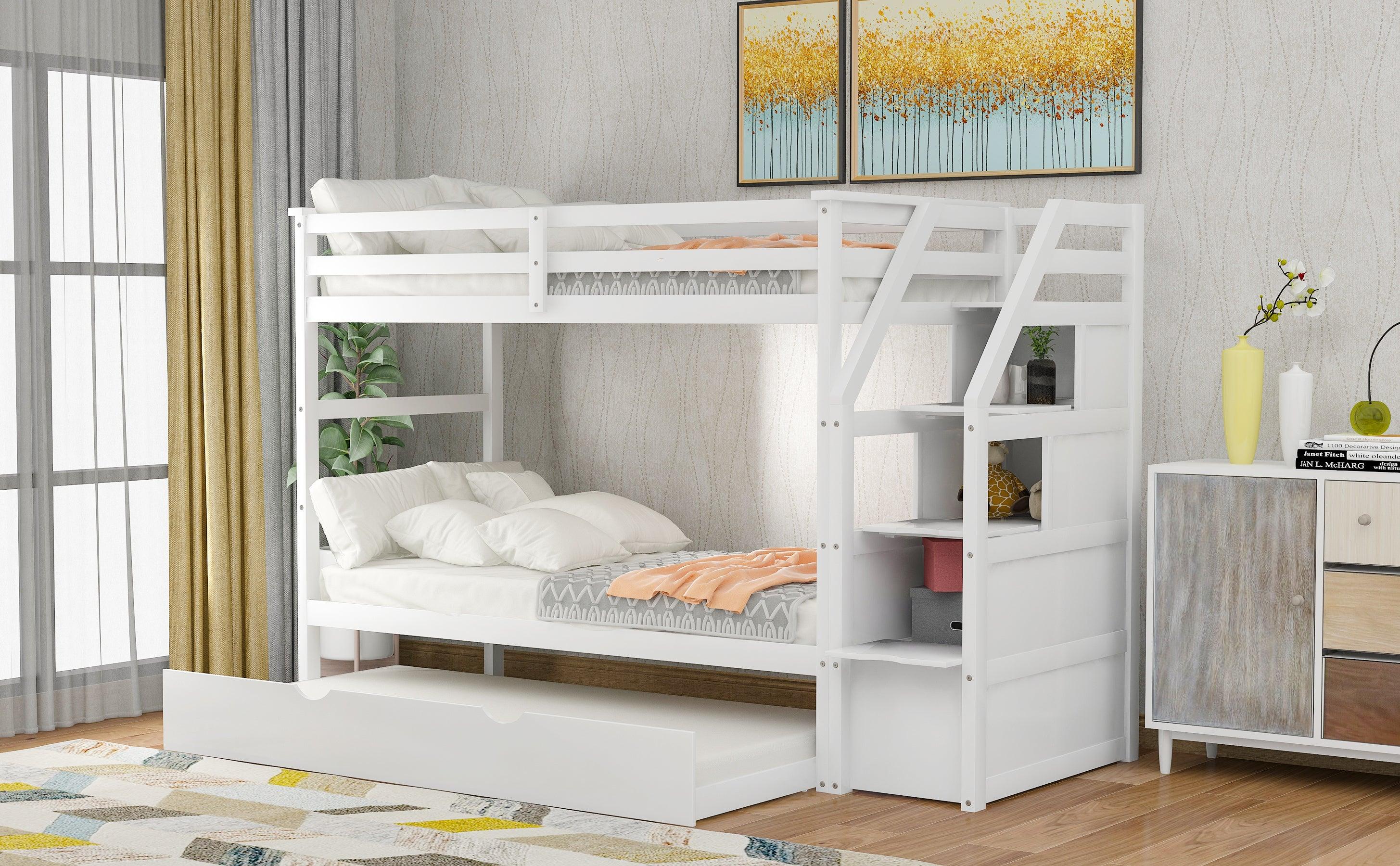 Twin over Twin Bunk Bed withStorage Staircase and Twin Size Trundle Bed - White