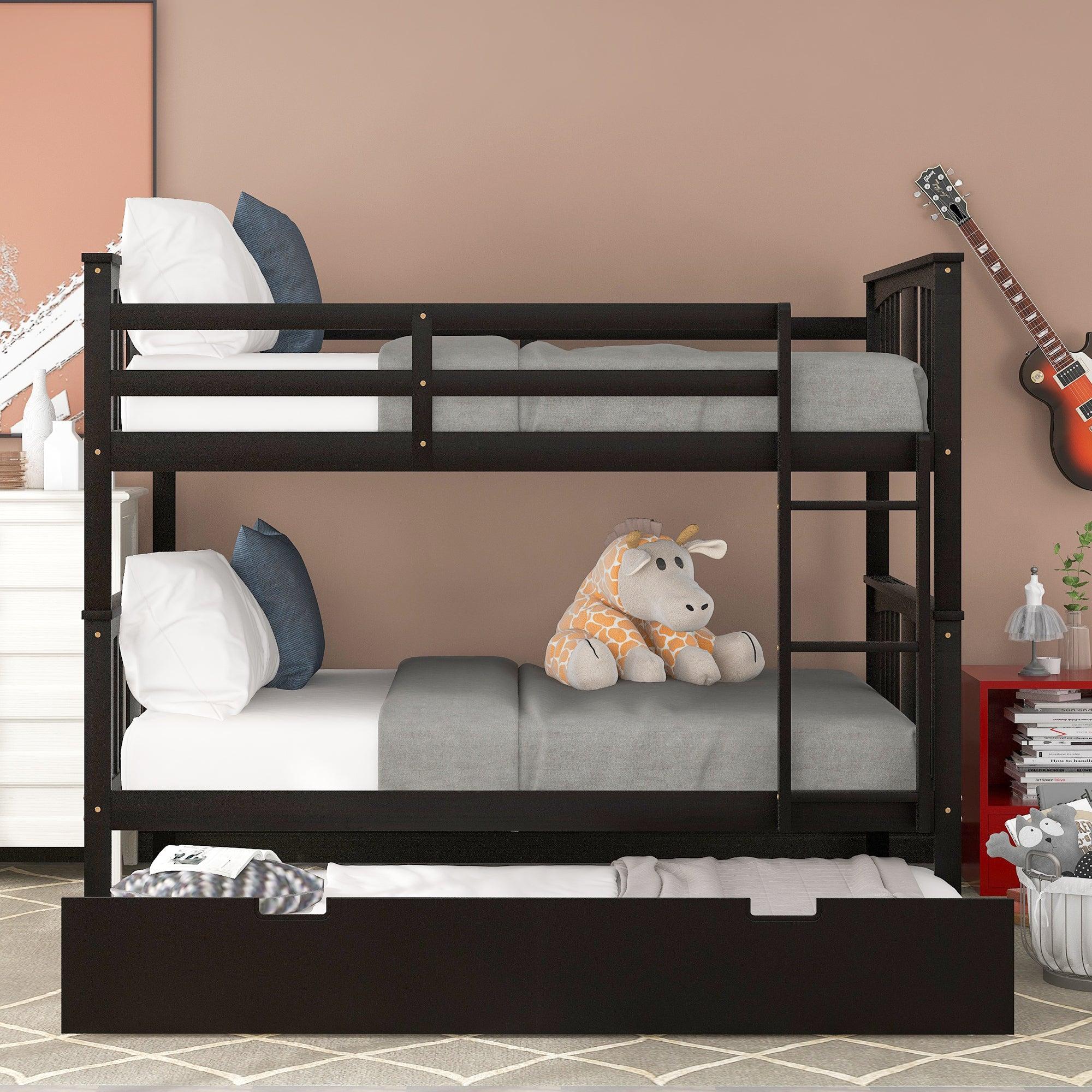 Full over Full Convertible Bunk Bed with Twin Size Trundle and Ladder - Espresso