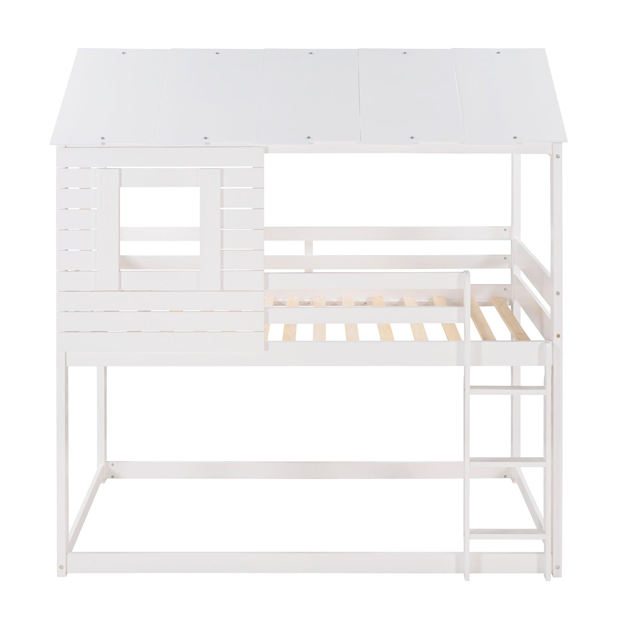 Twin Over Twin House Shaped Bunk Bed with Guardrail and Ladder - White