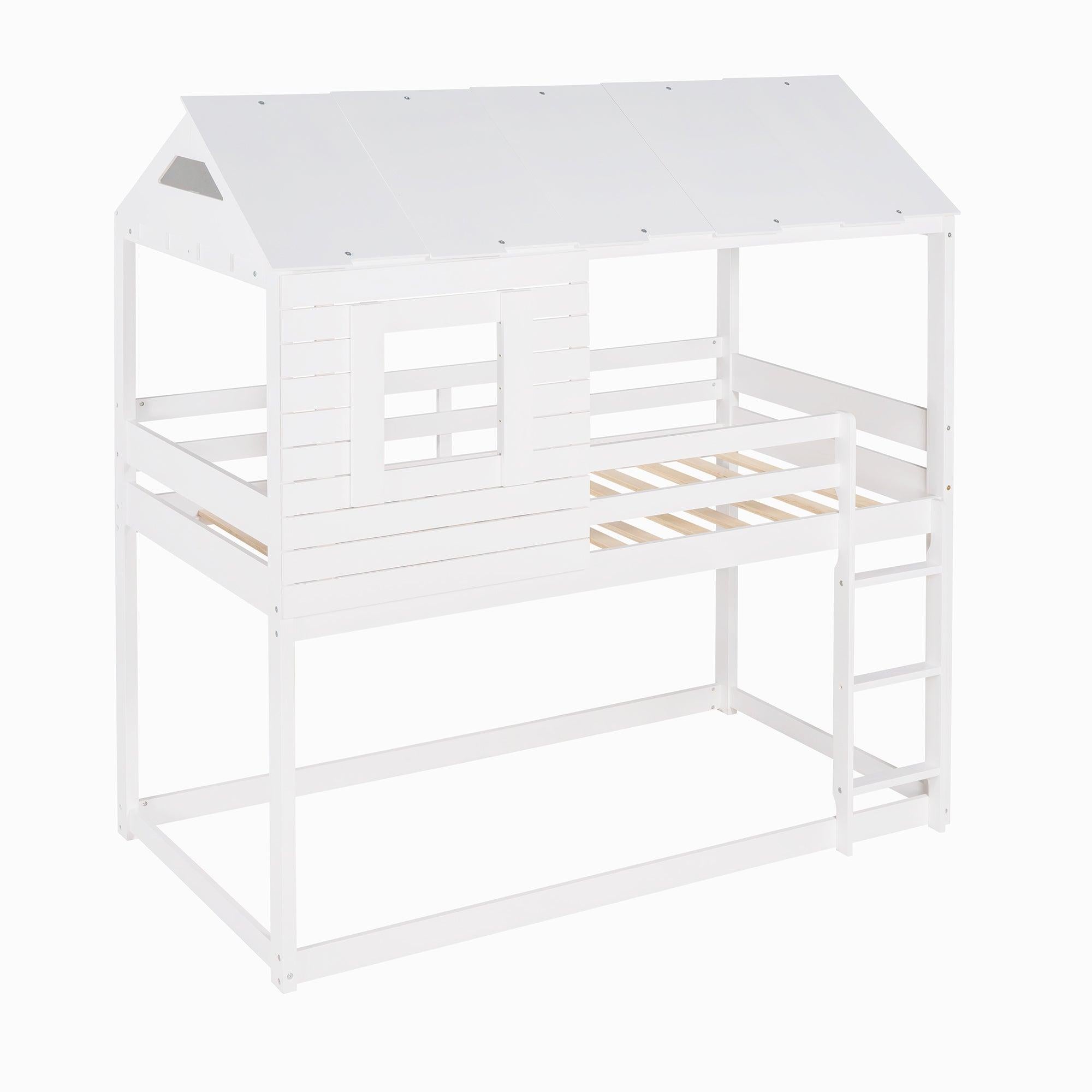 Twin Over Twin House Shaped Bunk Bed with Guardrail and Ladder - White