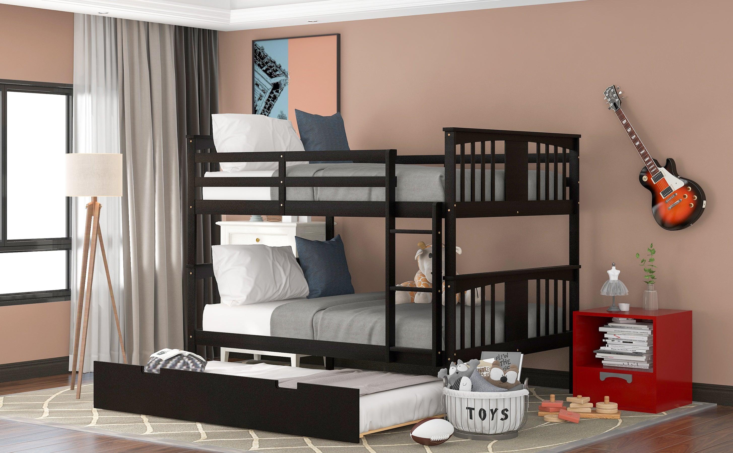 Full over Full Convertible Bunk Bed with Twin Size Trundle and Ladder - Espresso