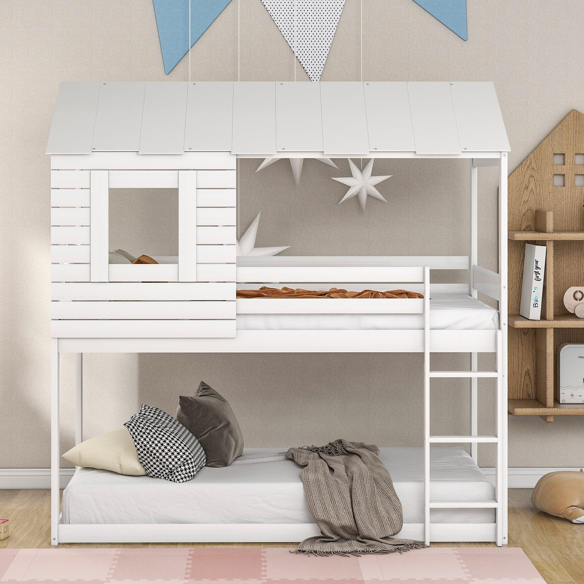 Twin Over Twin House Shaped Bunk Bed with Guardrail and Ladder - White