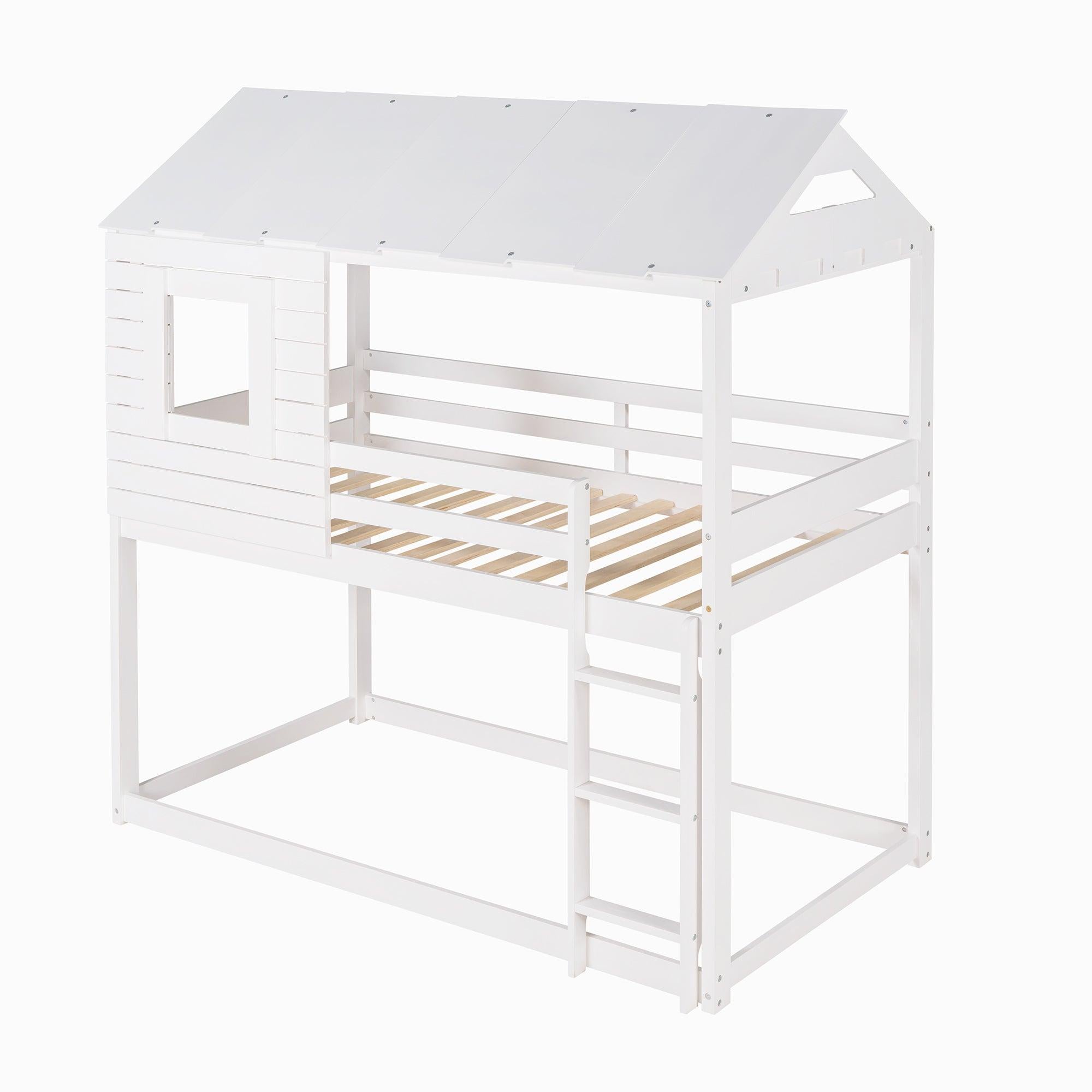 Twin Over Twin House Shaped Bunk Bed with Guardrail and Ladder - White