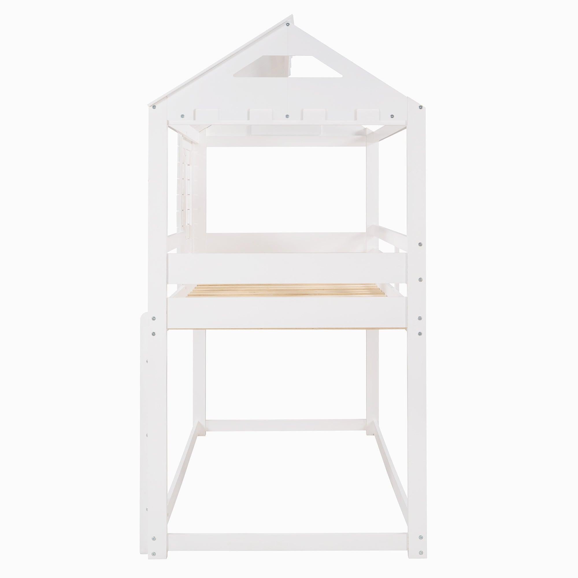 Twin Over Twin House Shaped Bunk Bed with Guardrail and Ladder - White